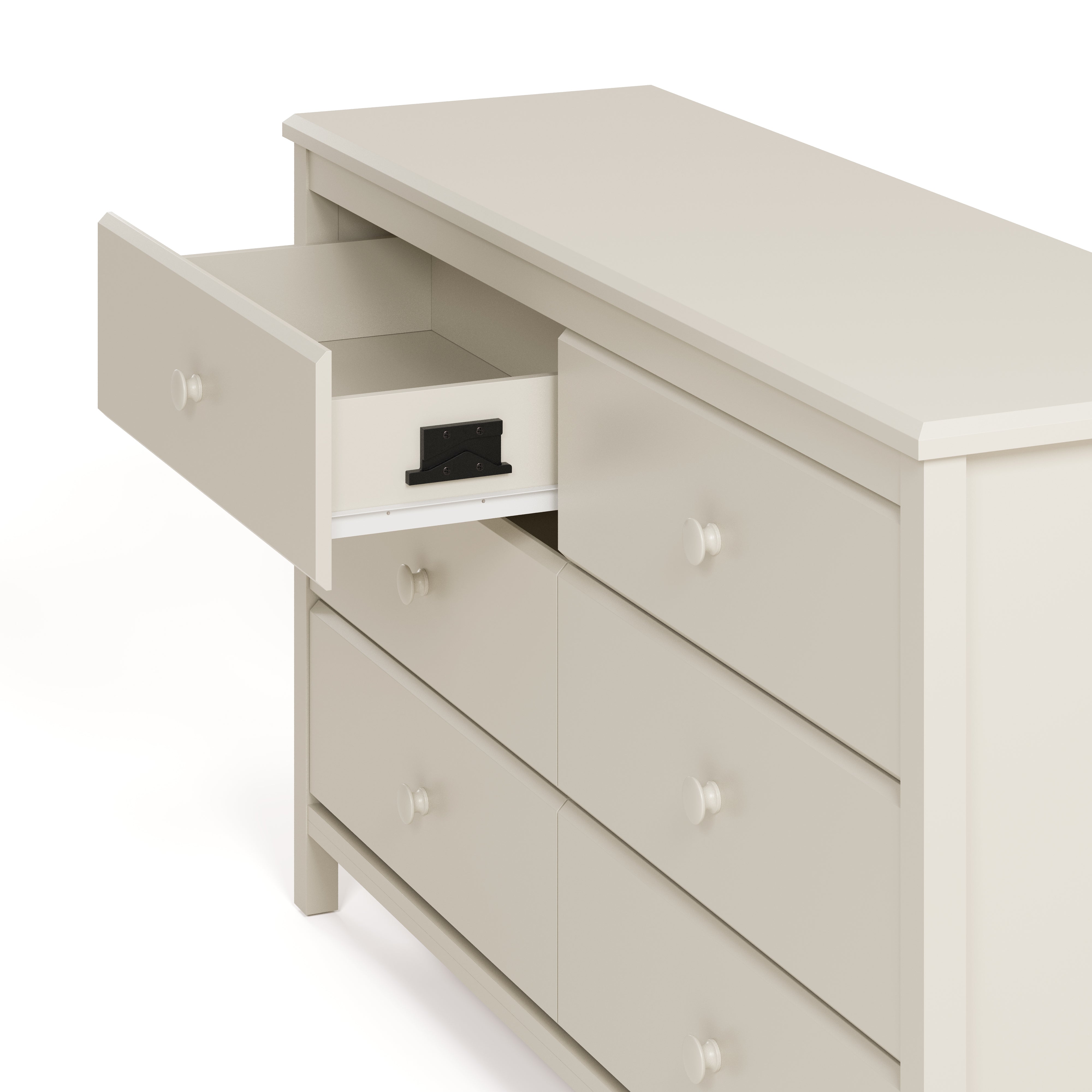 Alpine frosted oat 6 drawer dresser with top left drawer open showing interlocking drawer mechanism