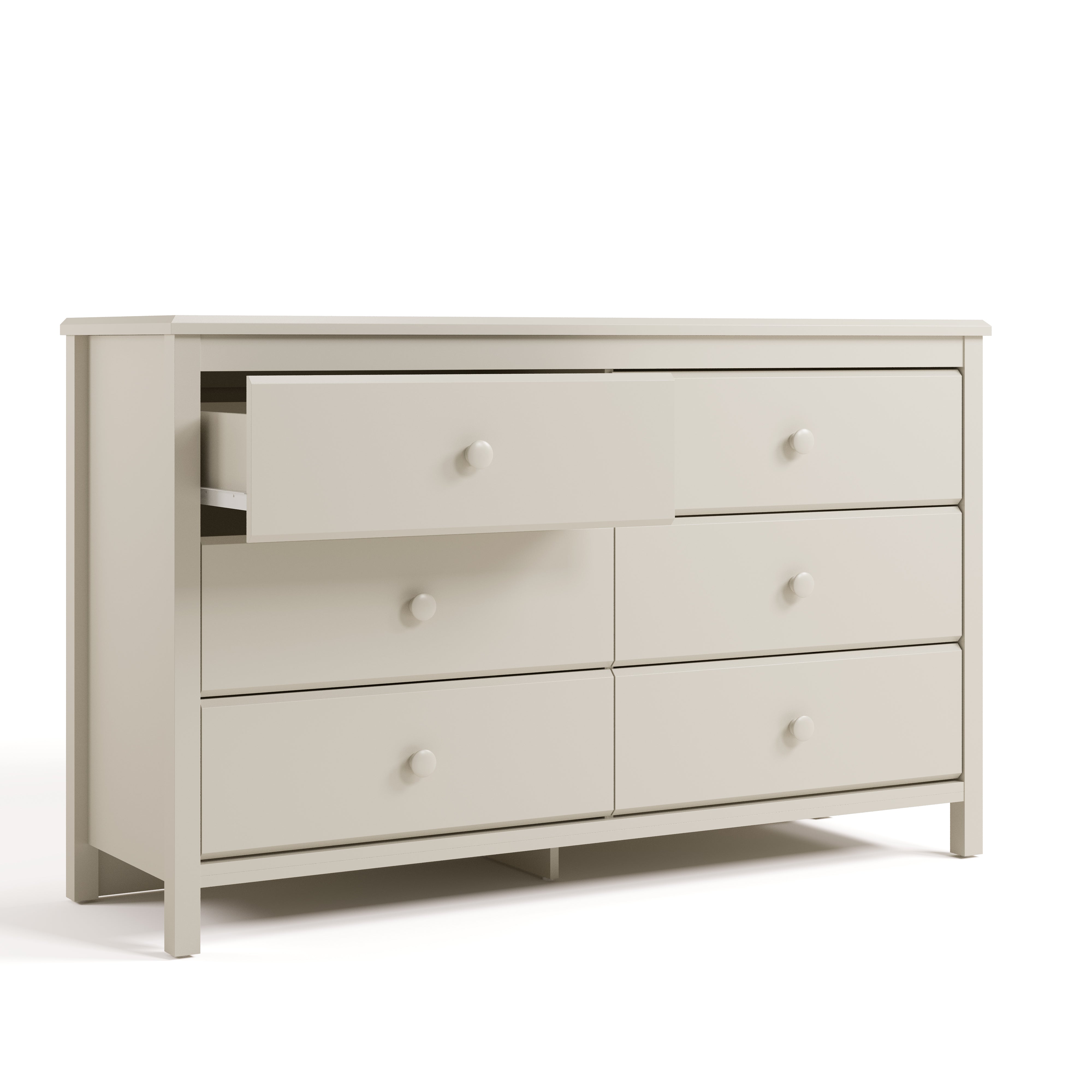 Alpine frosted oat 6 drawer dresser with top left drawer open angle view