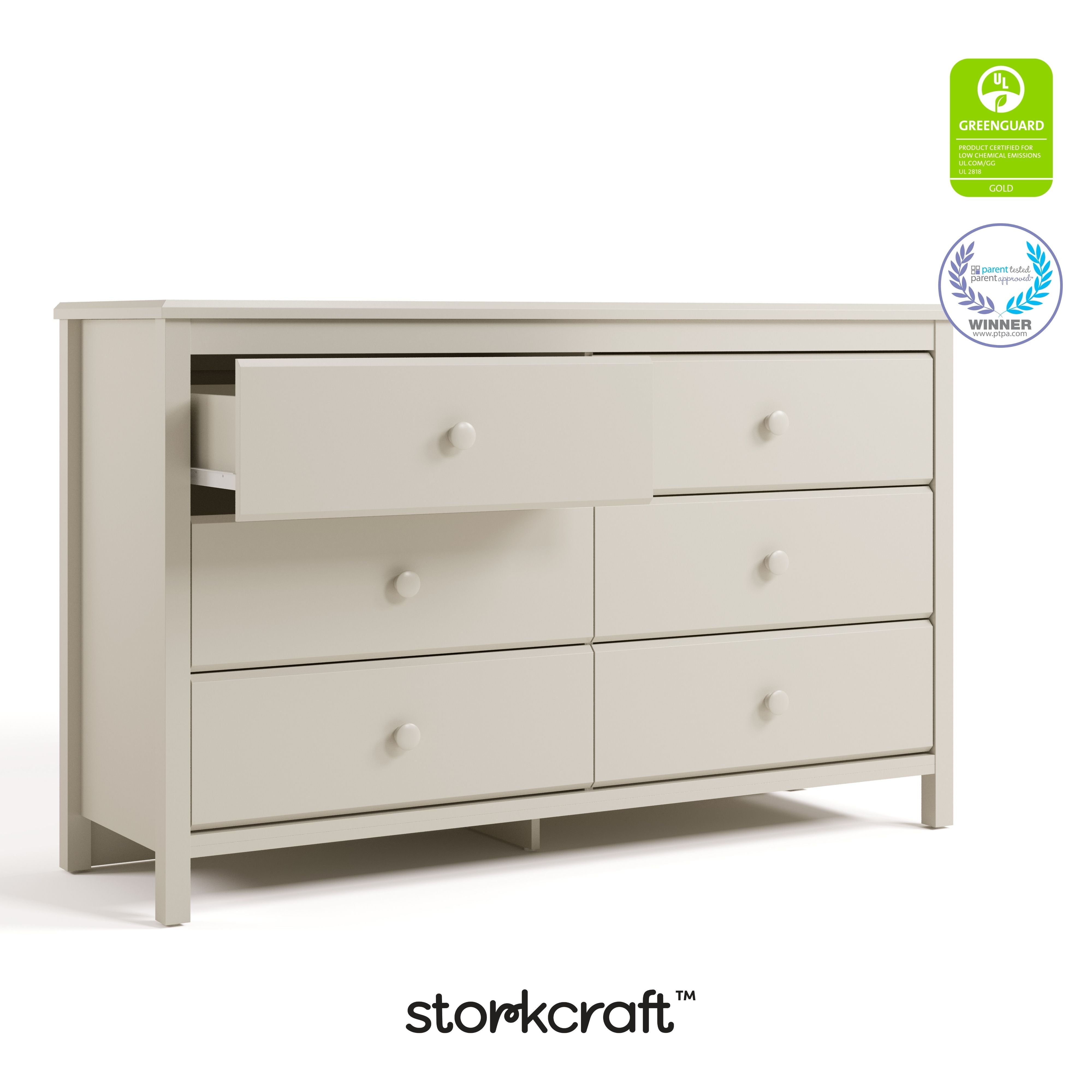 alpine frosted oat 6 drawer dresser with GGG and PTPA logos on top right