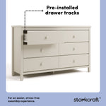 alpine frosted oat 6 drawer dresser pre-installed drawer tracks callout