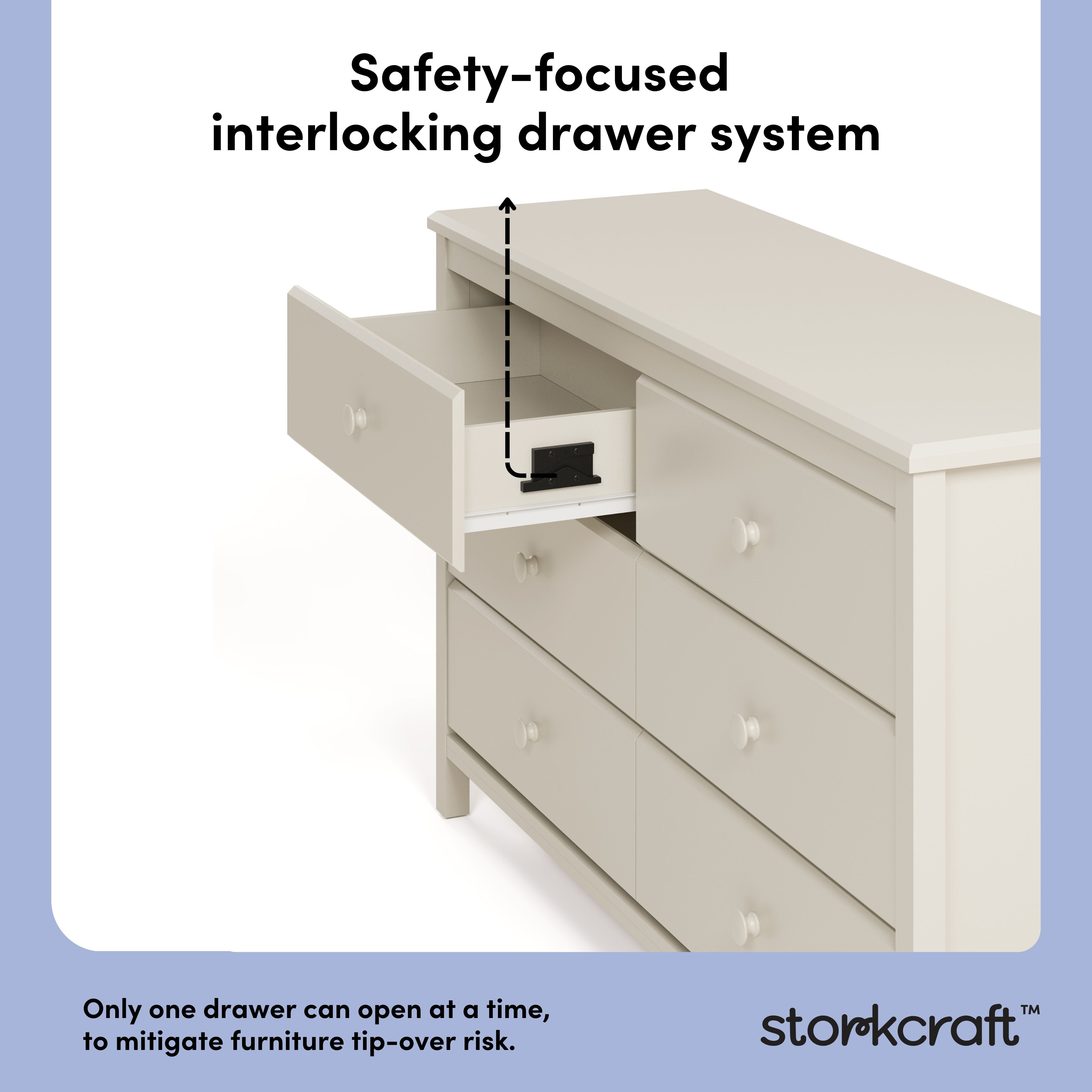 alpine frosted oat 6 drawer dresser interlocking drawers callout