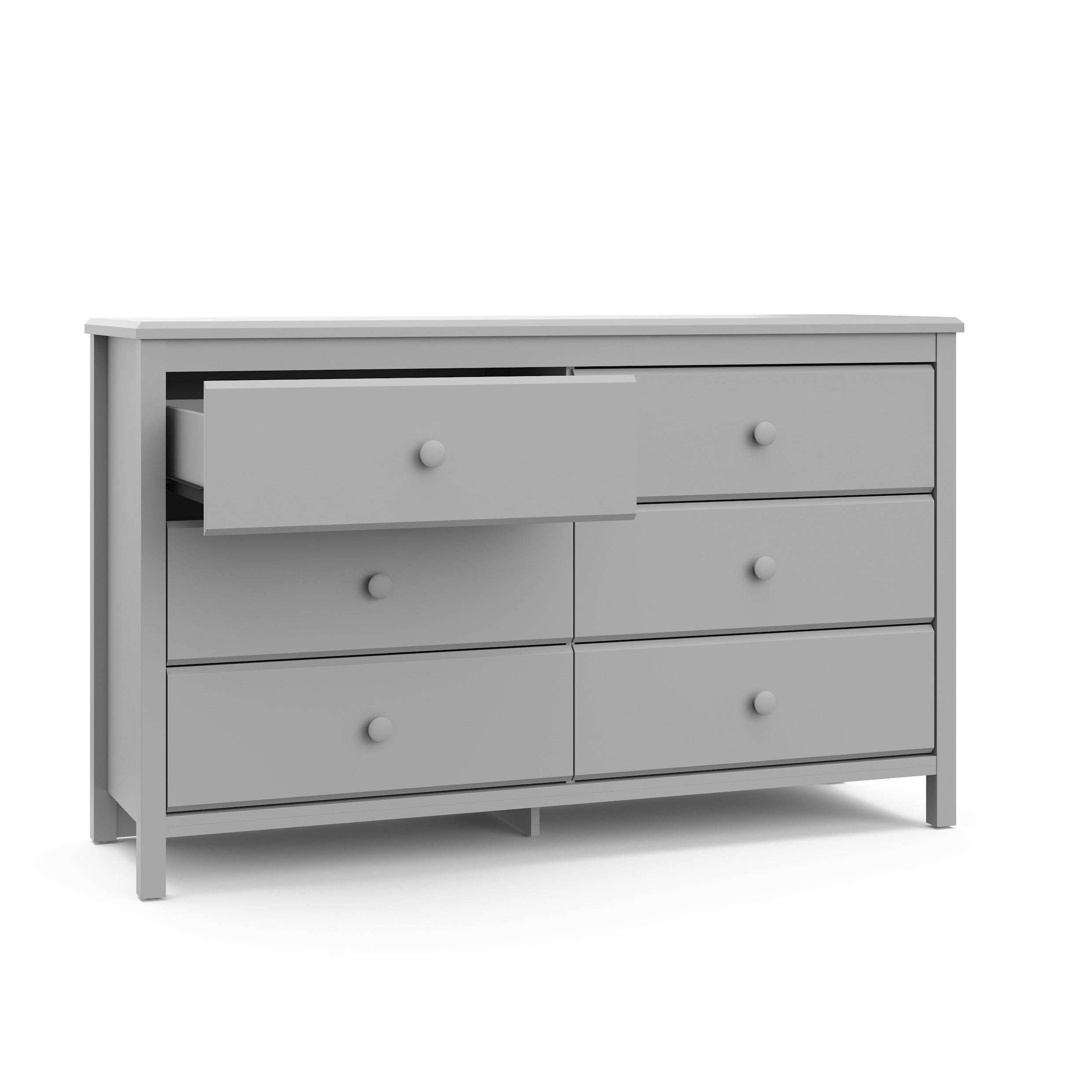 Alpine pebble gray 6 drawer dresser with top left drawer open angle view
