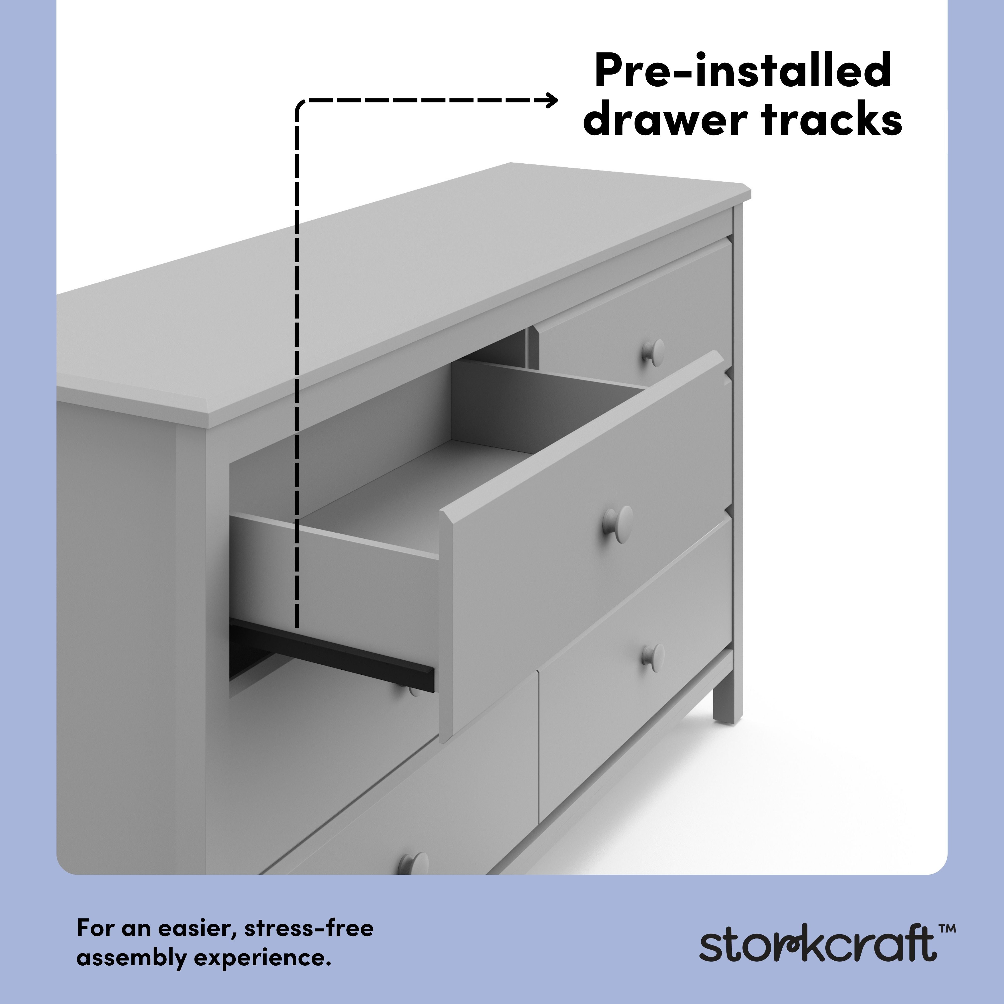 Alpine pebble gray 6 drawer dresser pre-installed drawer tracks callout