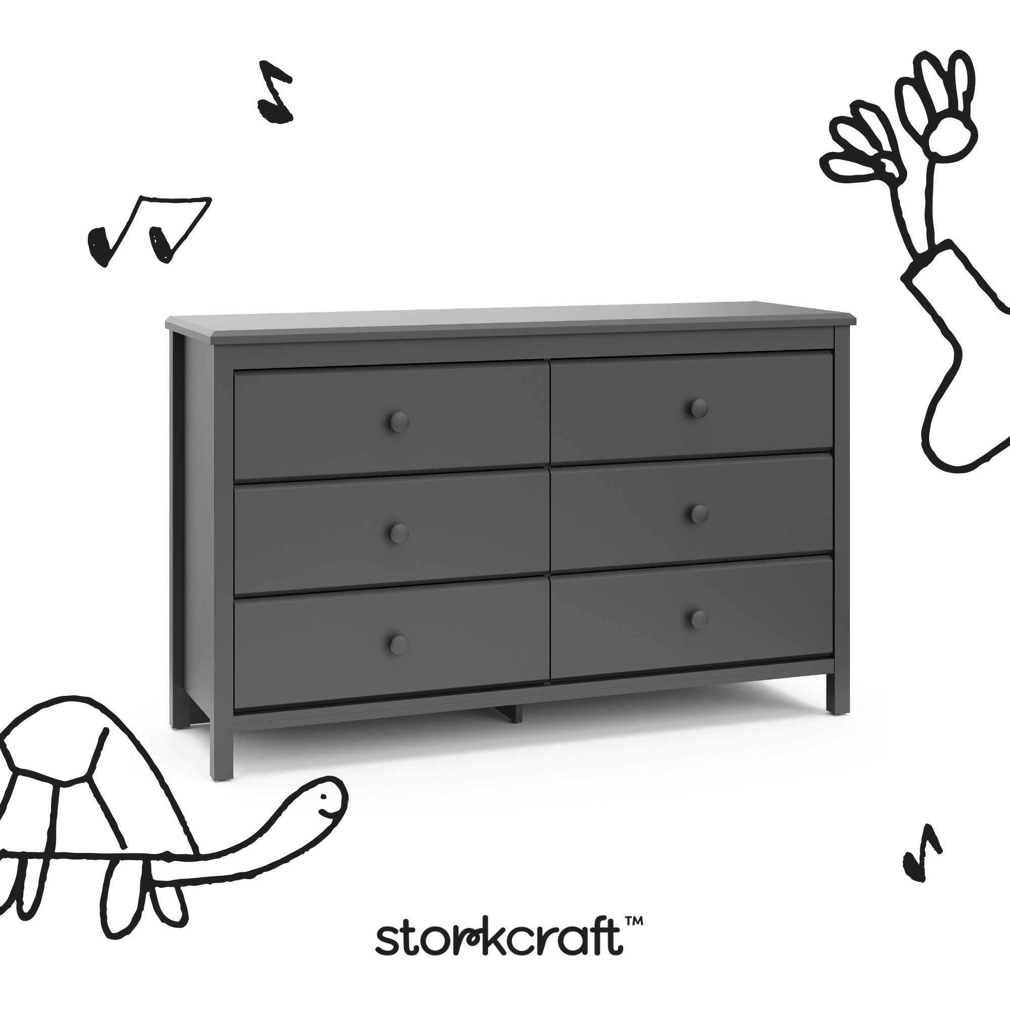 Alpine gray 6 drawer dresser with black doodles overlaid on image