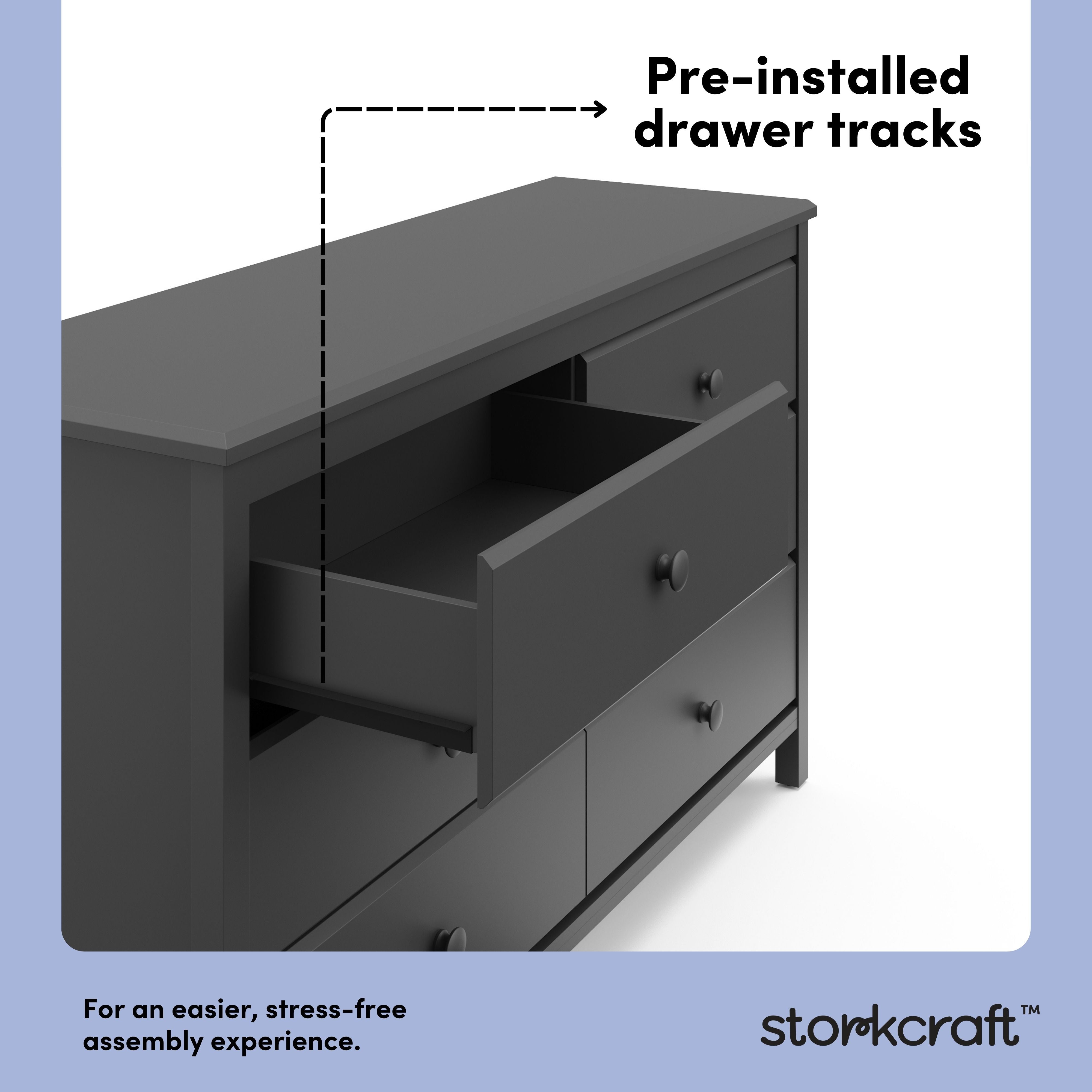 Alpine gray 6 drawer dresser pre-installed drawer tracks callout