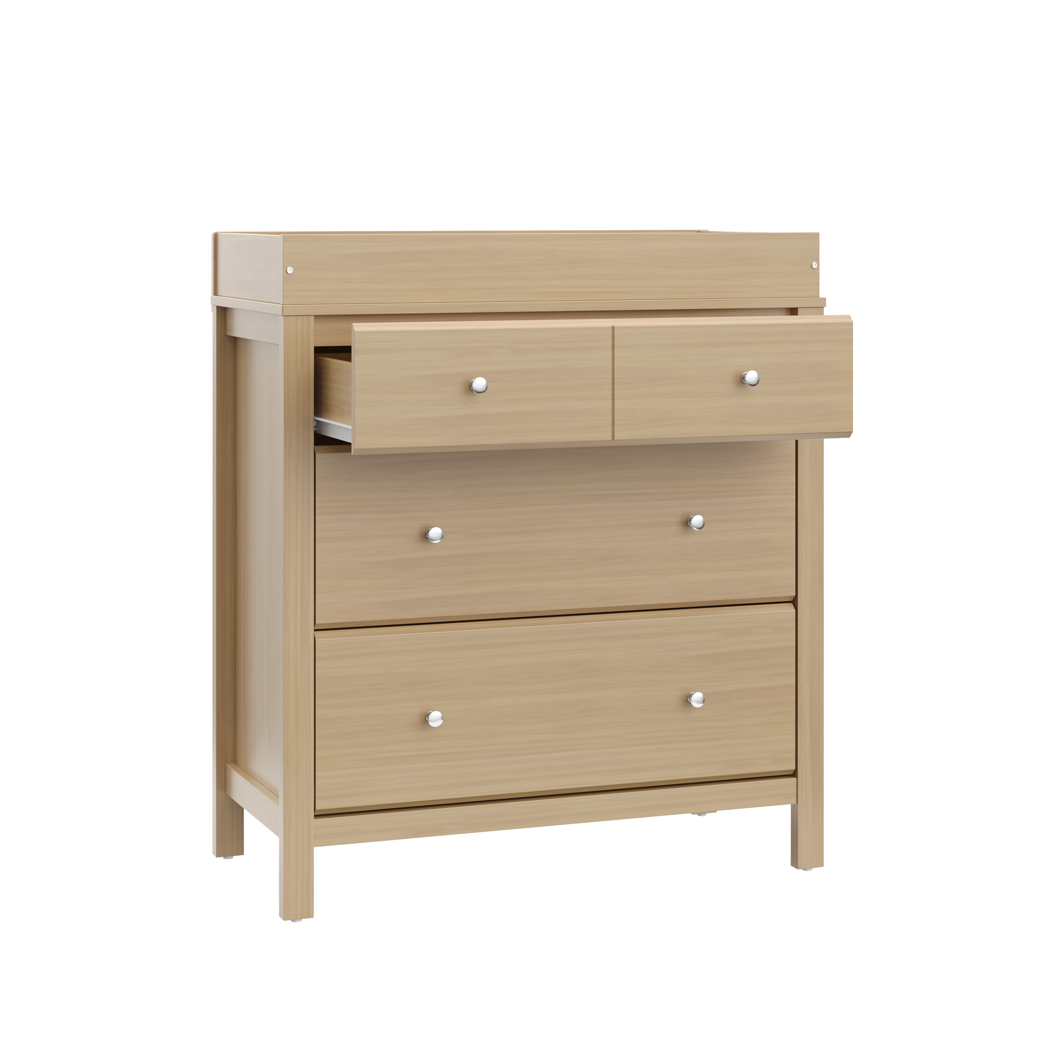 angled view of driftwood 3 drawer chest with changing topper and one open drawer