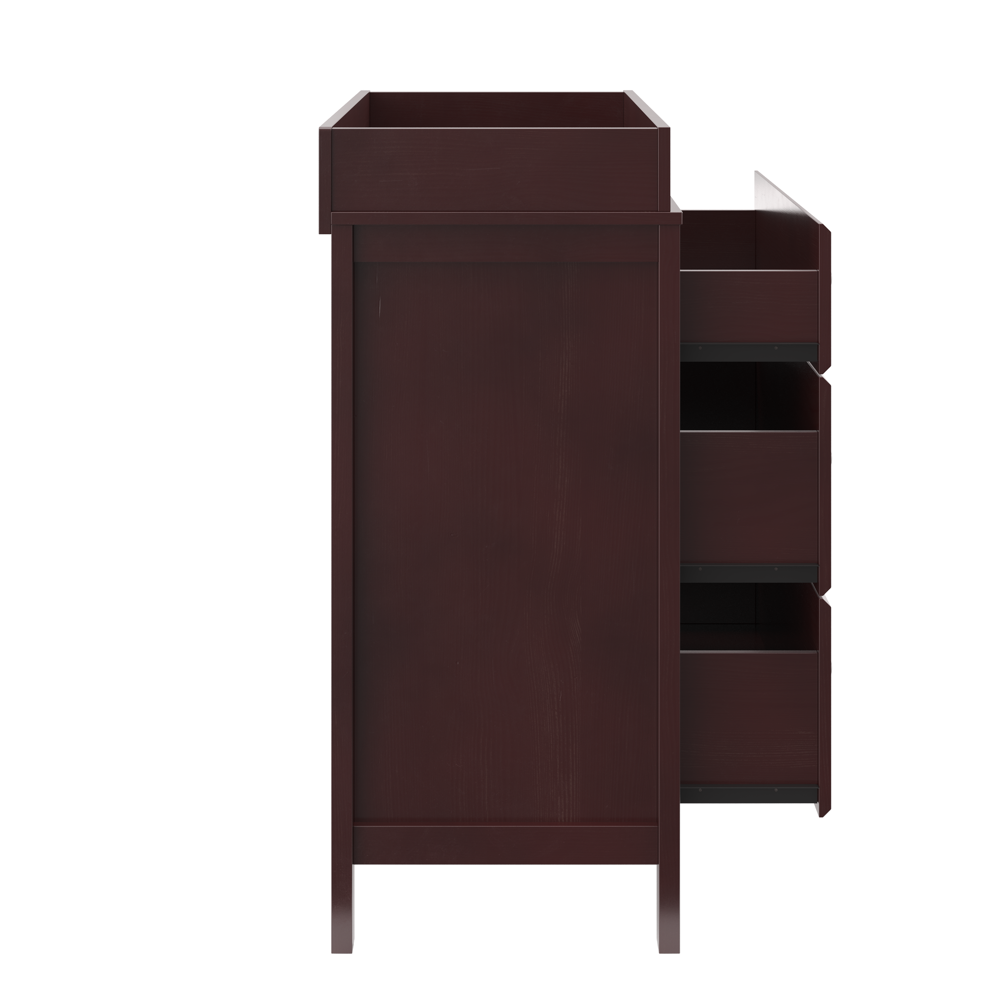 side view of espresso chest with 3 open drawers