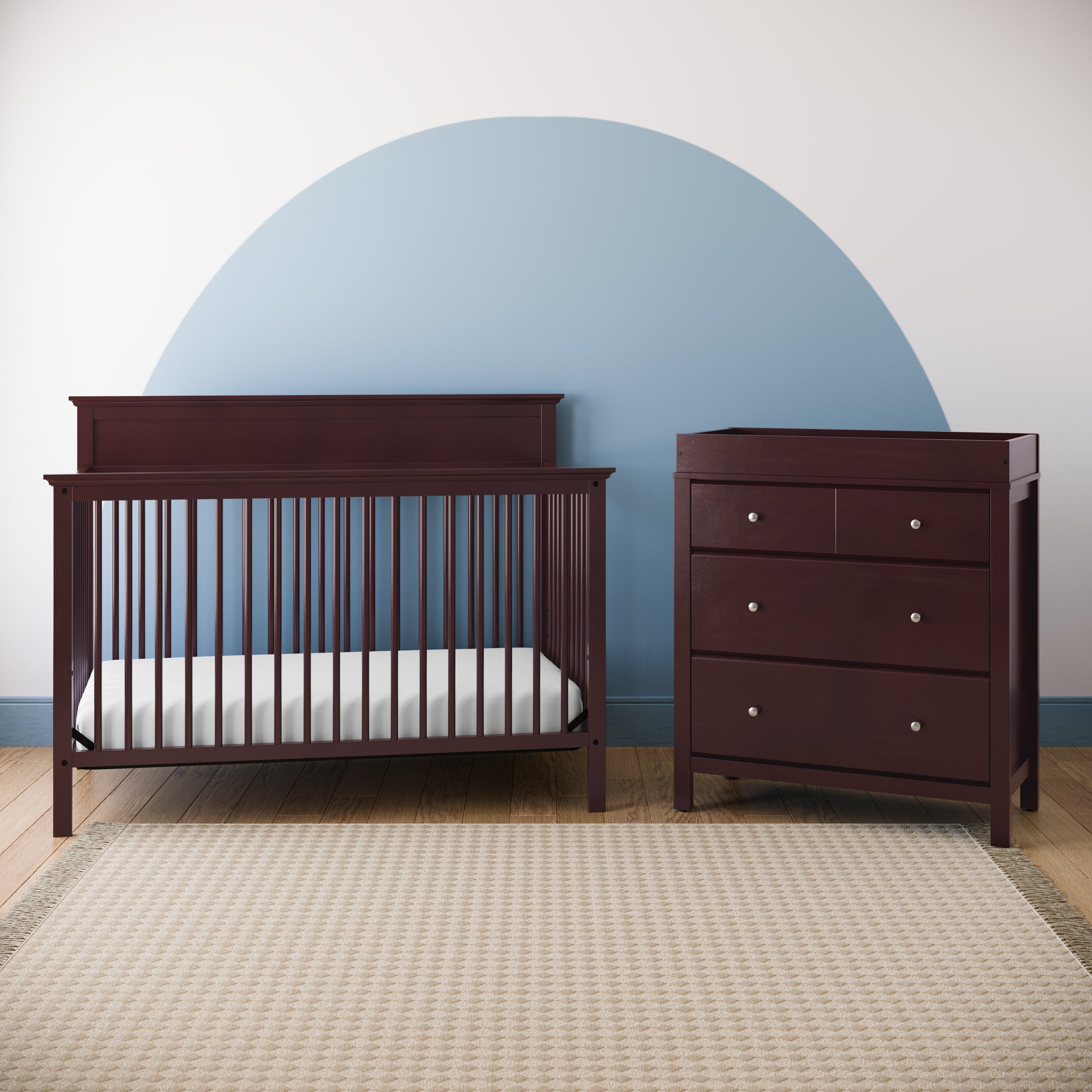 espresso 3 drawer chest with changing topper with crib in nursery