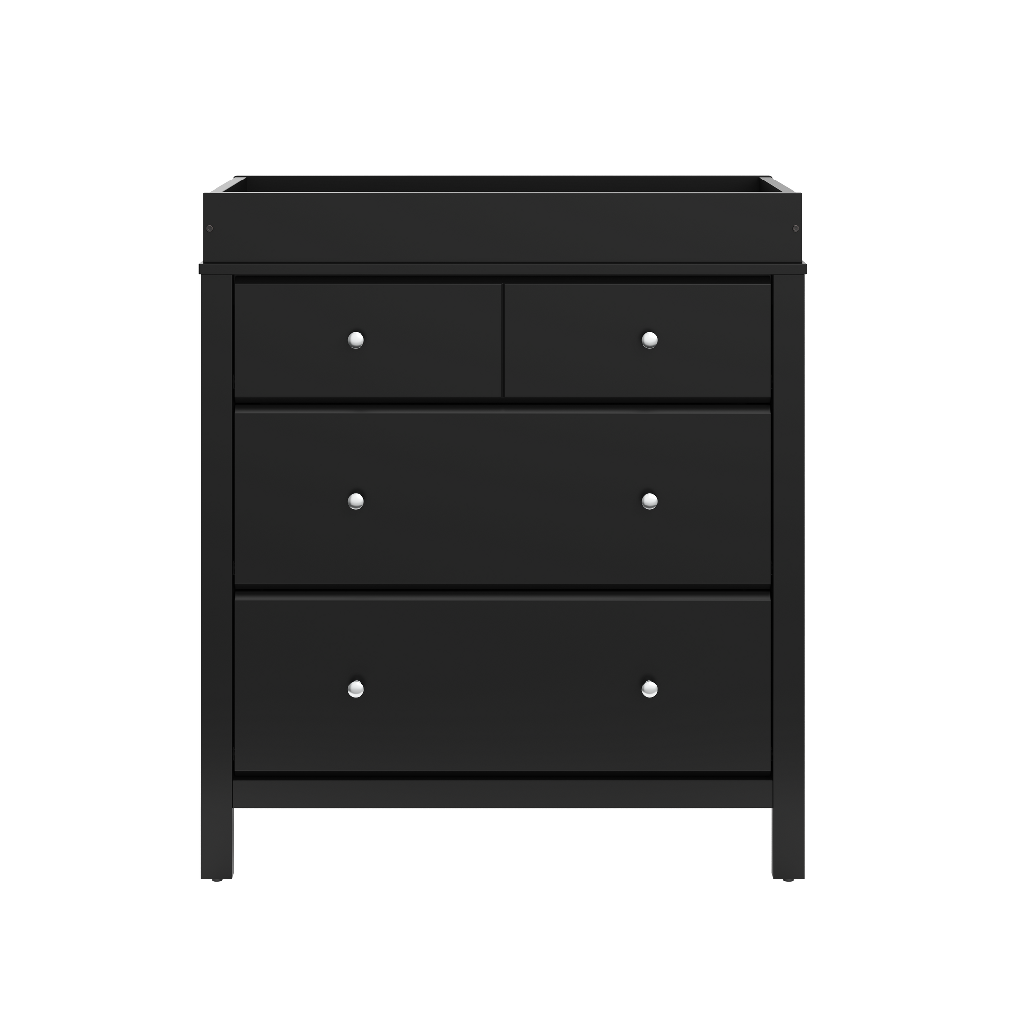front view of black 3 drawer chest with changing topper