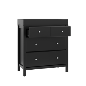 angled view black 3 drawer chest with changing topper and one open drawer