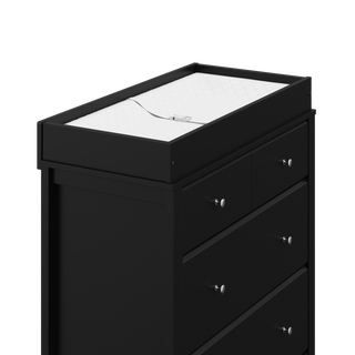 close view of black 3 drawer chest with changing topper