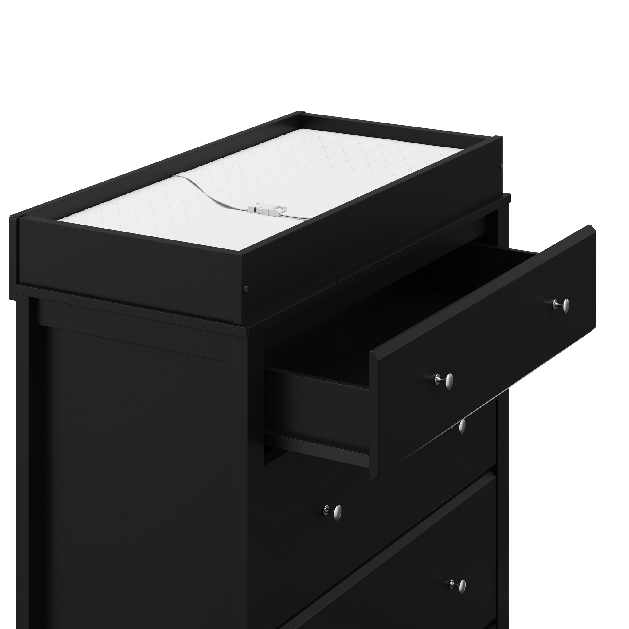 close view of angled black 3 drawer chest with changing topper, and one open drawer
