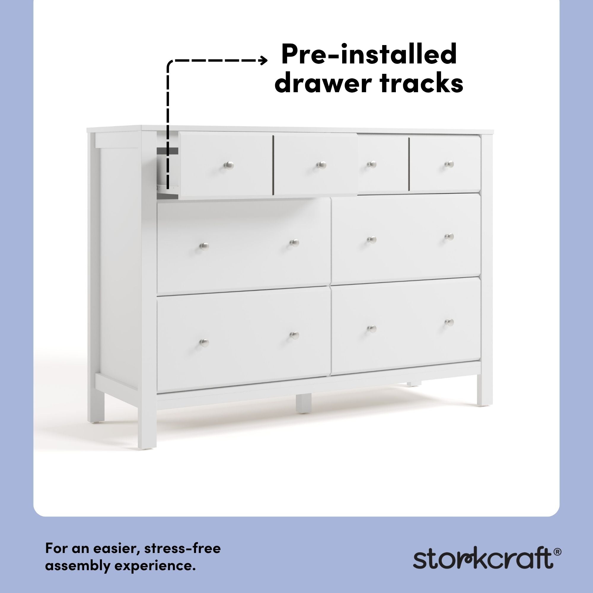 Horizon white with driftwood 6 drawer dresser pre-installed drawer tracks callout