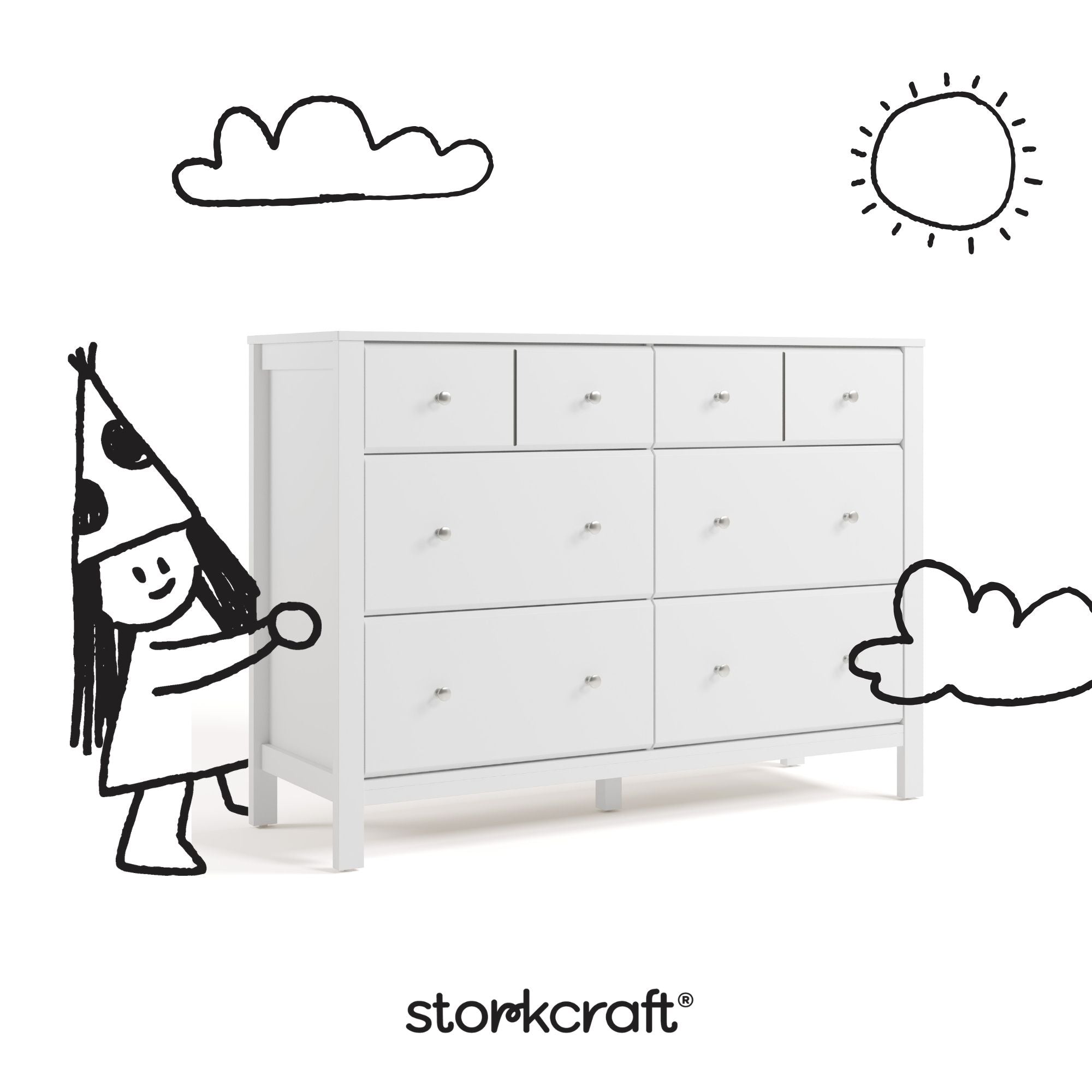 Horizon white with driftwood 6 drawer dresser with black doodles overlaid on image