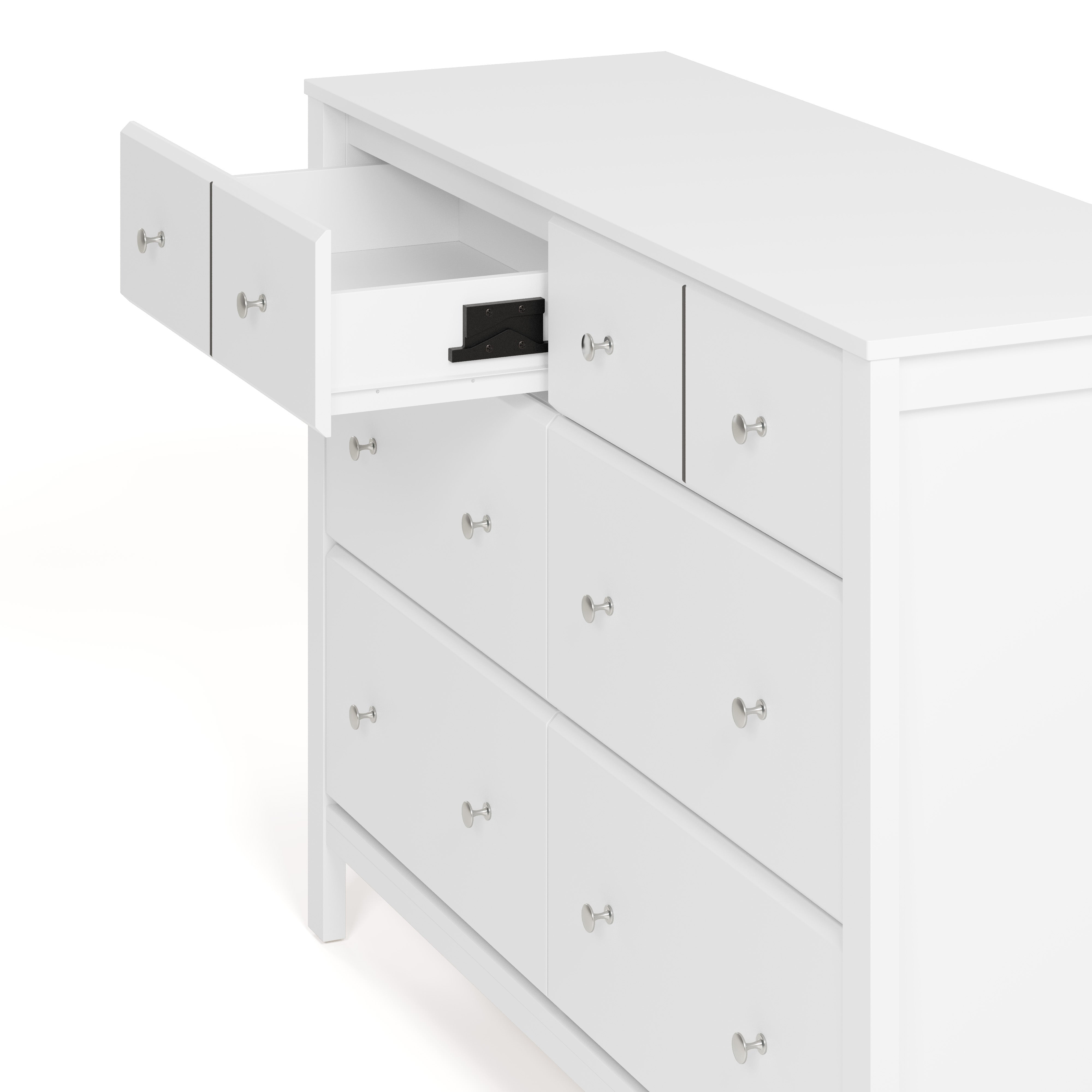 Horizon white 6 drawer dresser with top left drawer open showing interlocking drawer mechanism