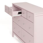 Horizon blush 6 drawer dresser with top left drawer open showing interlocking drawer mechanism