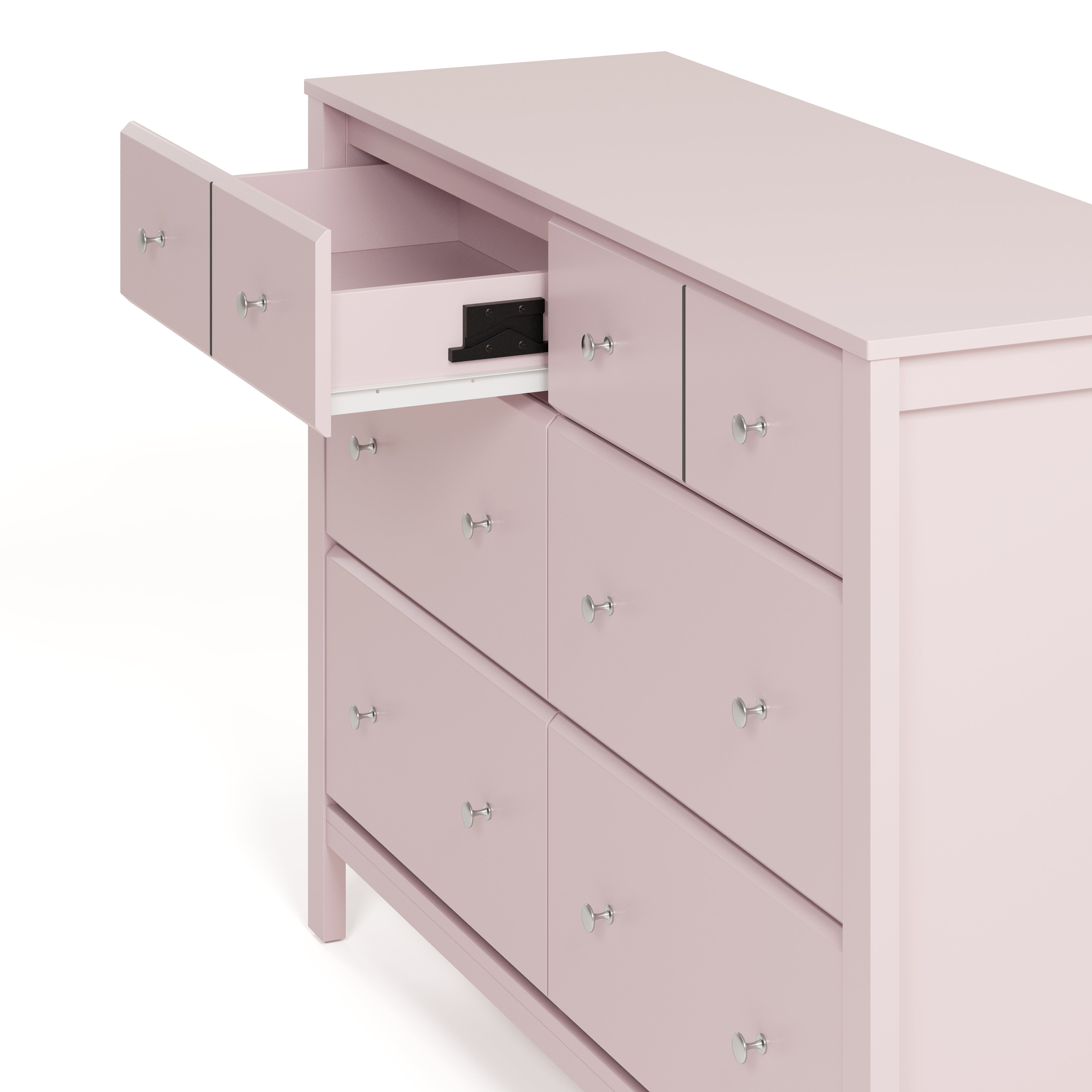 Horizon blush 6 drawer dresser with top left drawer open showing interlocking drawer mechanism