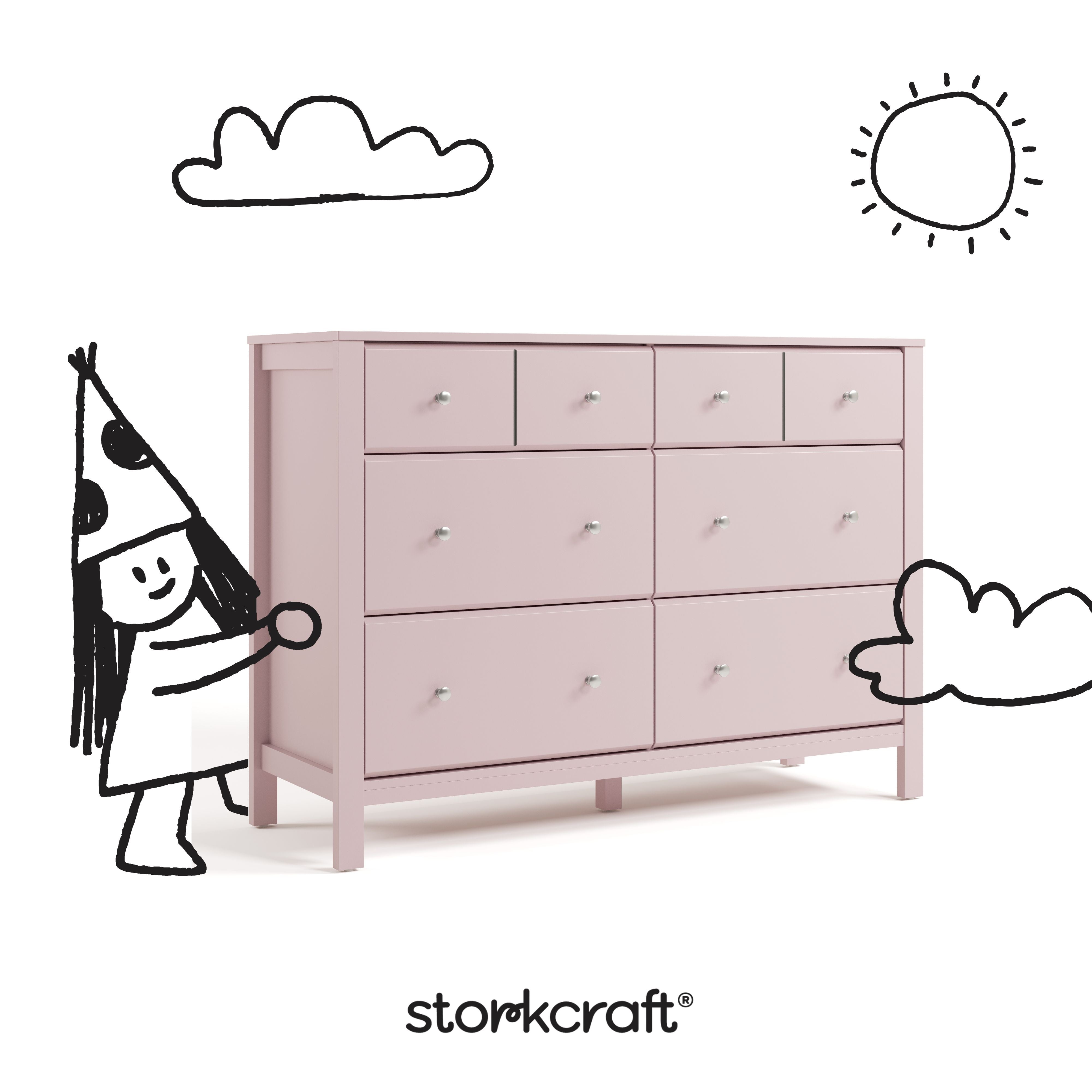 Horizon blush 6 drawer dresser with black doodles overlaid on image