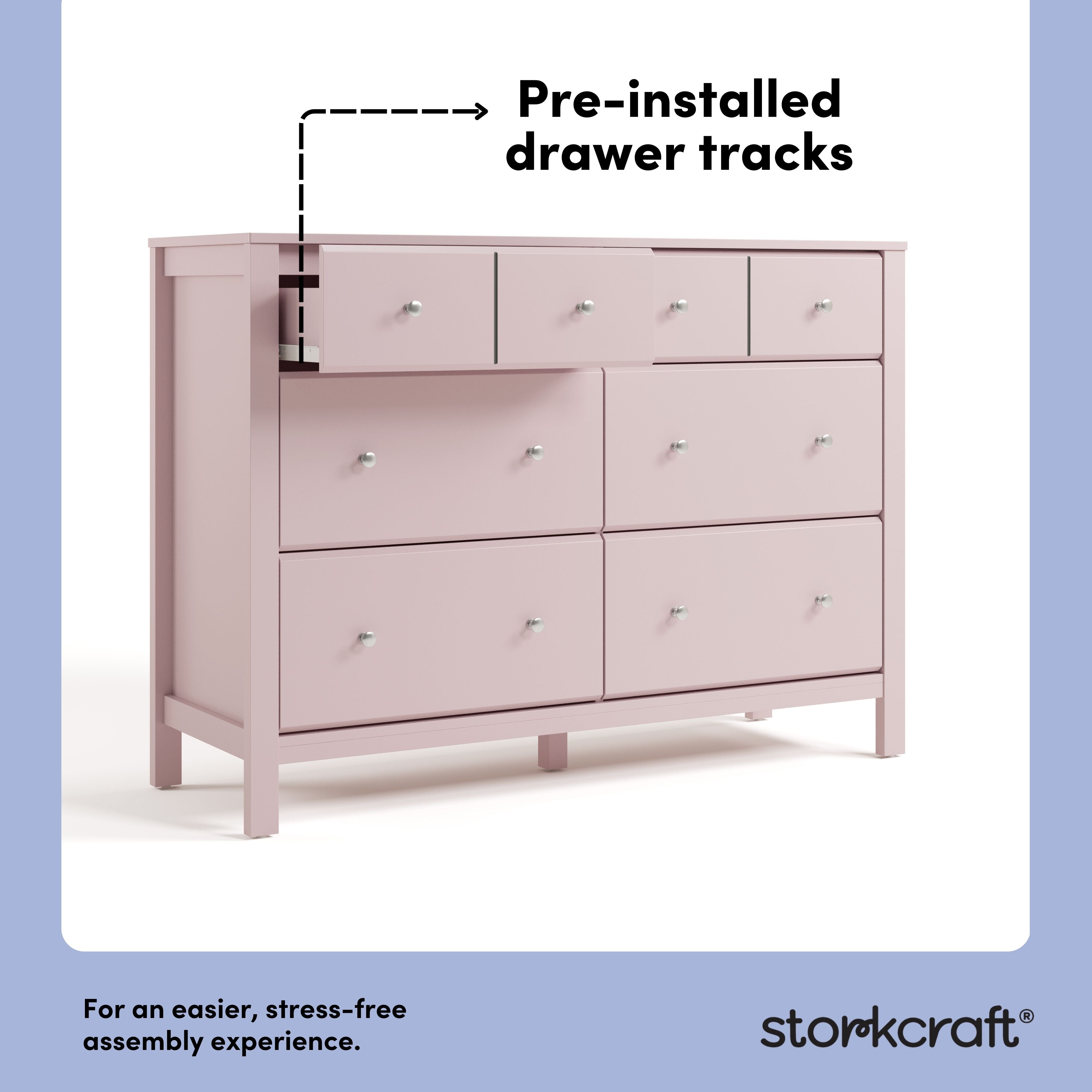 Horizon blush 6 drawer dresser pre-installed drawer tracks callout