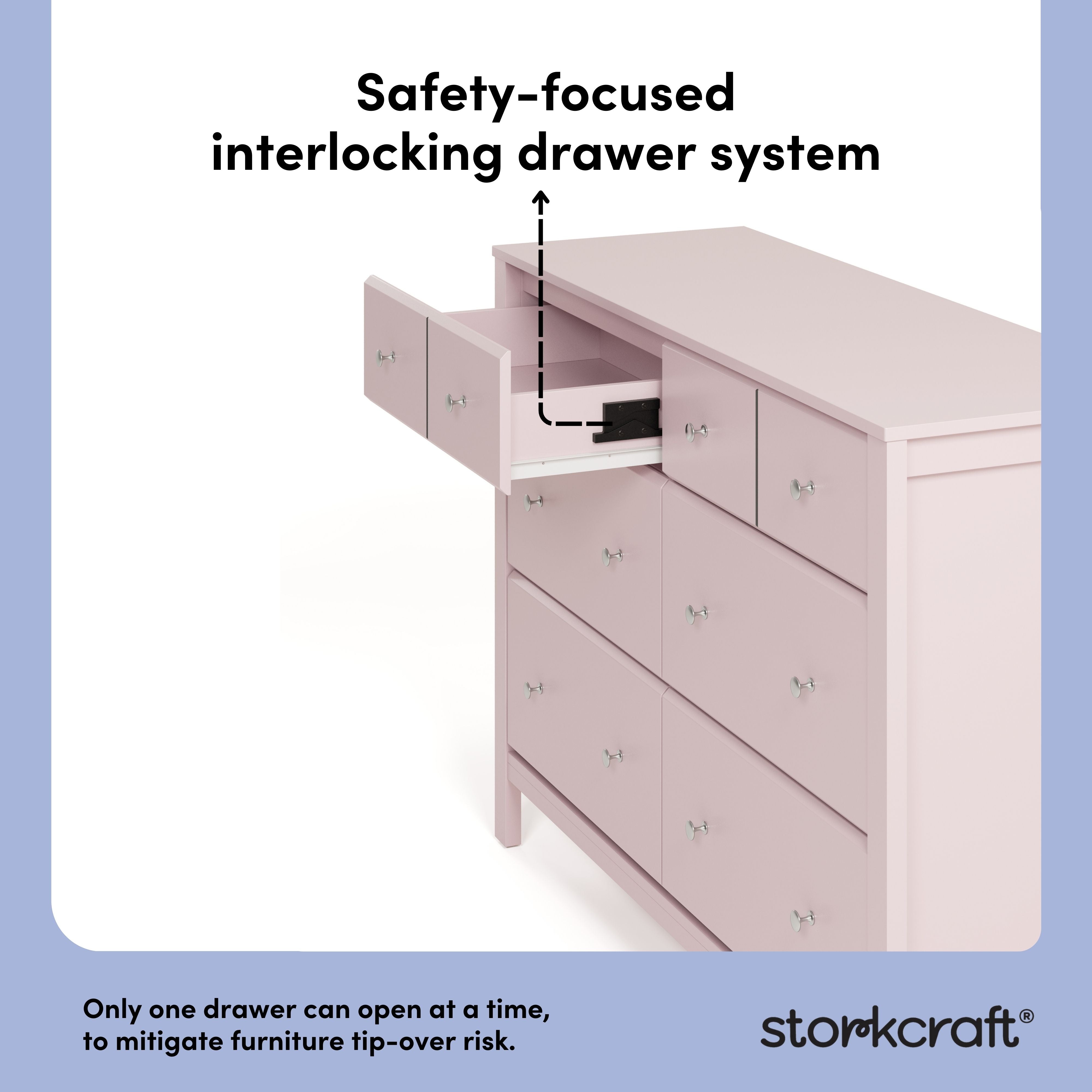 Horizon blush 6 drawer dresser interlocking drawers callout
