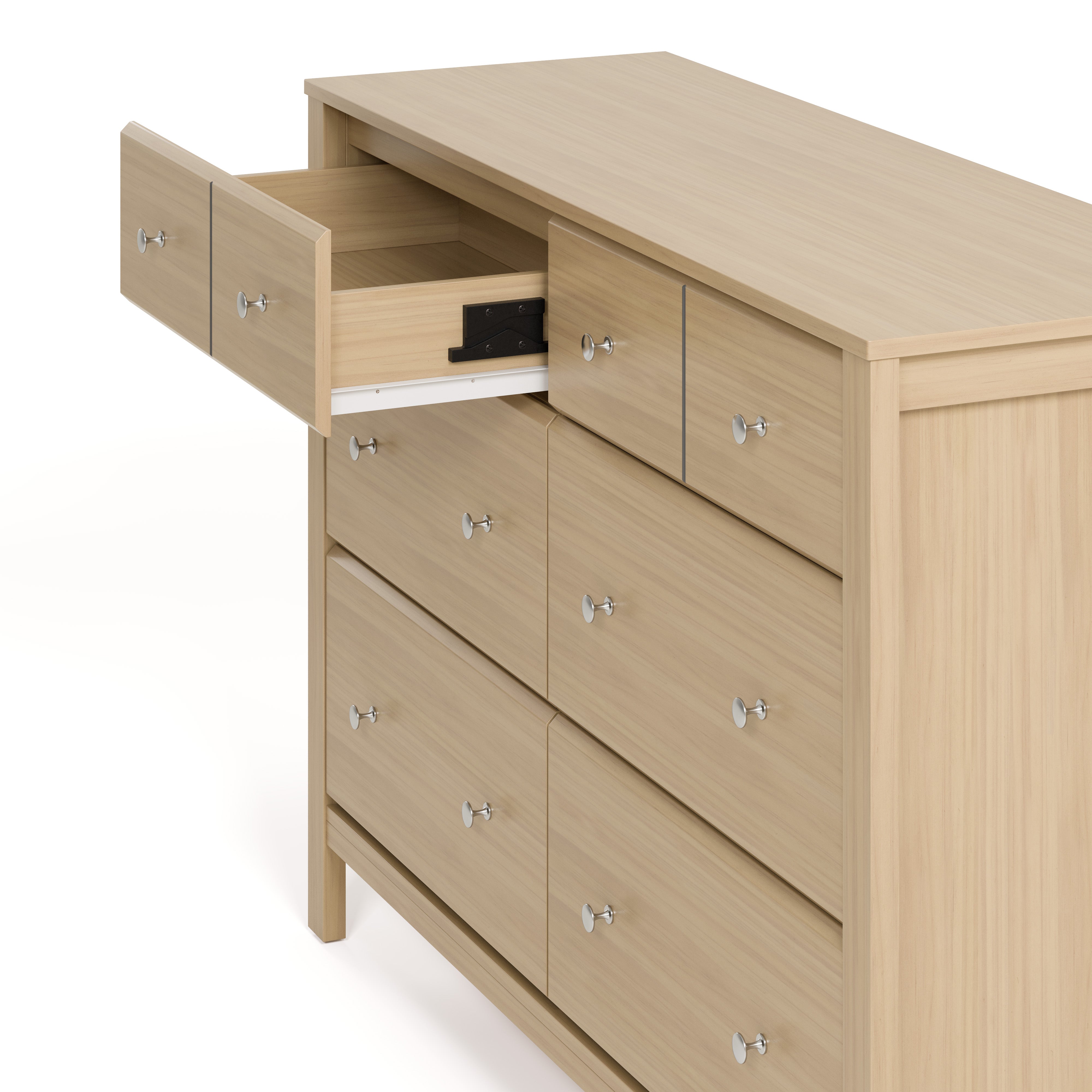 Horizon driftwood 6 drawer dresser with top left drawer open showing interlocking drawer mechanism