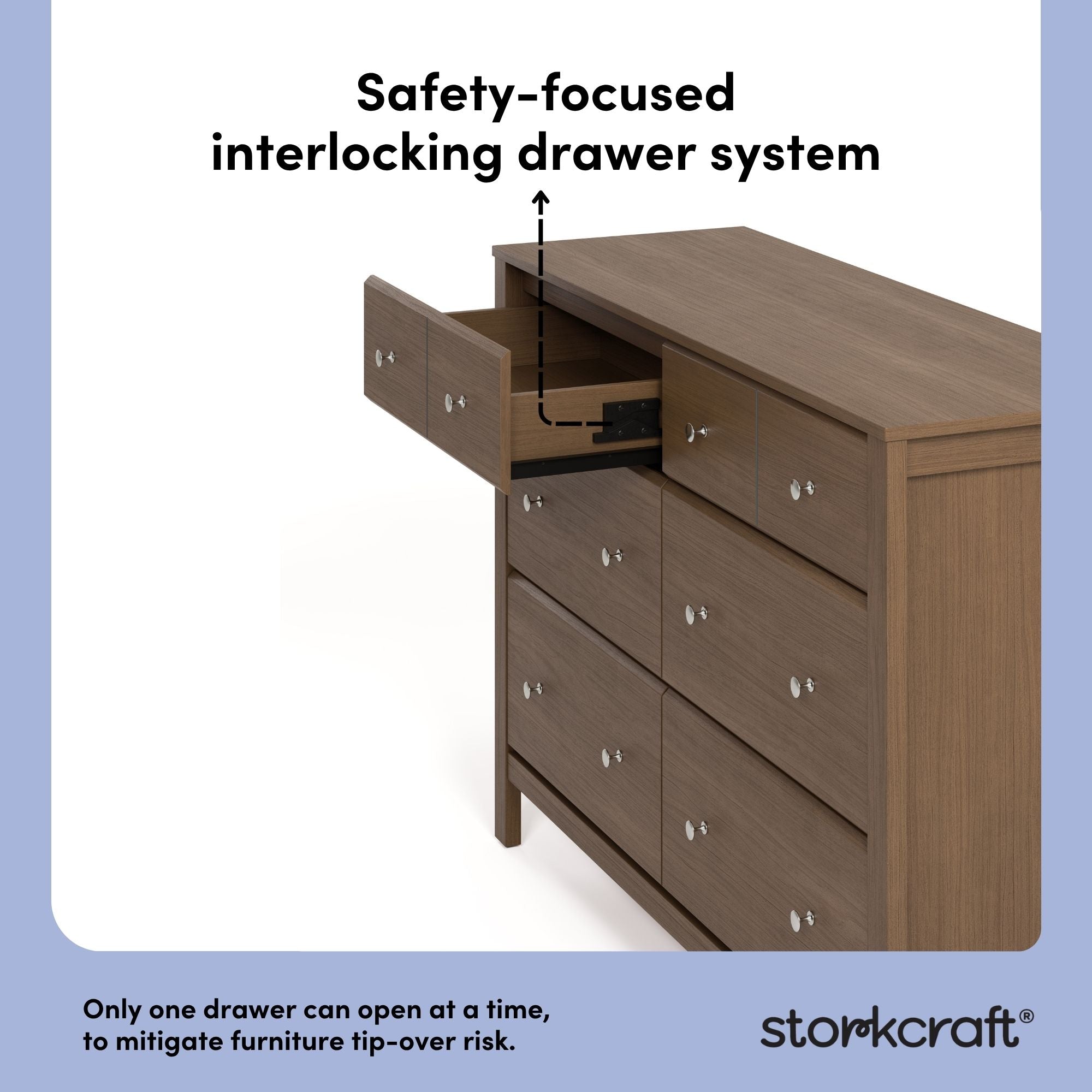 Horizon hazelnut 6 drawer dresser interlocking drawer system callout