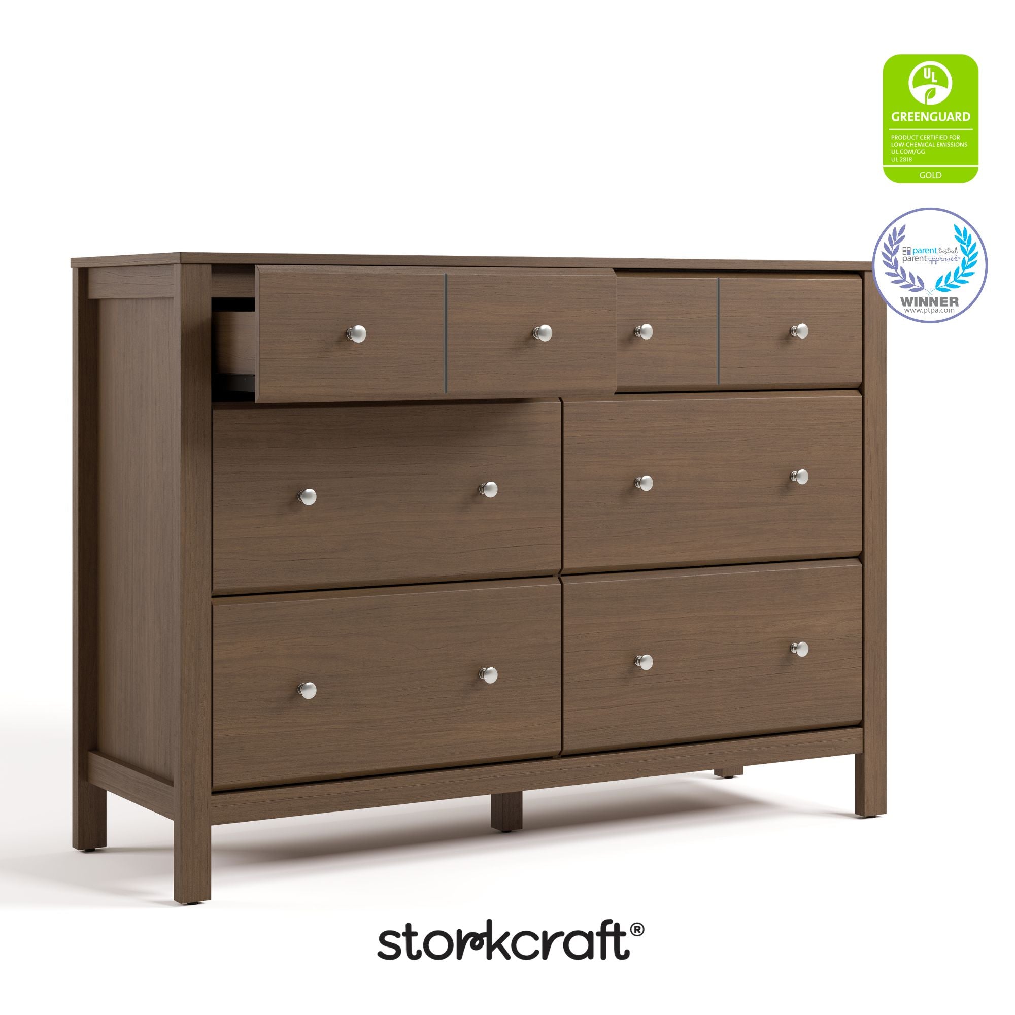 Horizon hazelnut 6 drawer dresser with GGG and PTPA logos on top right