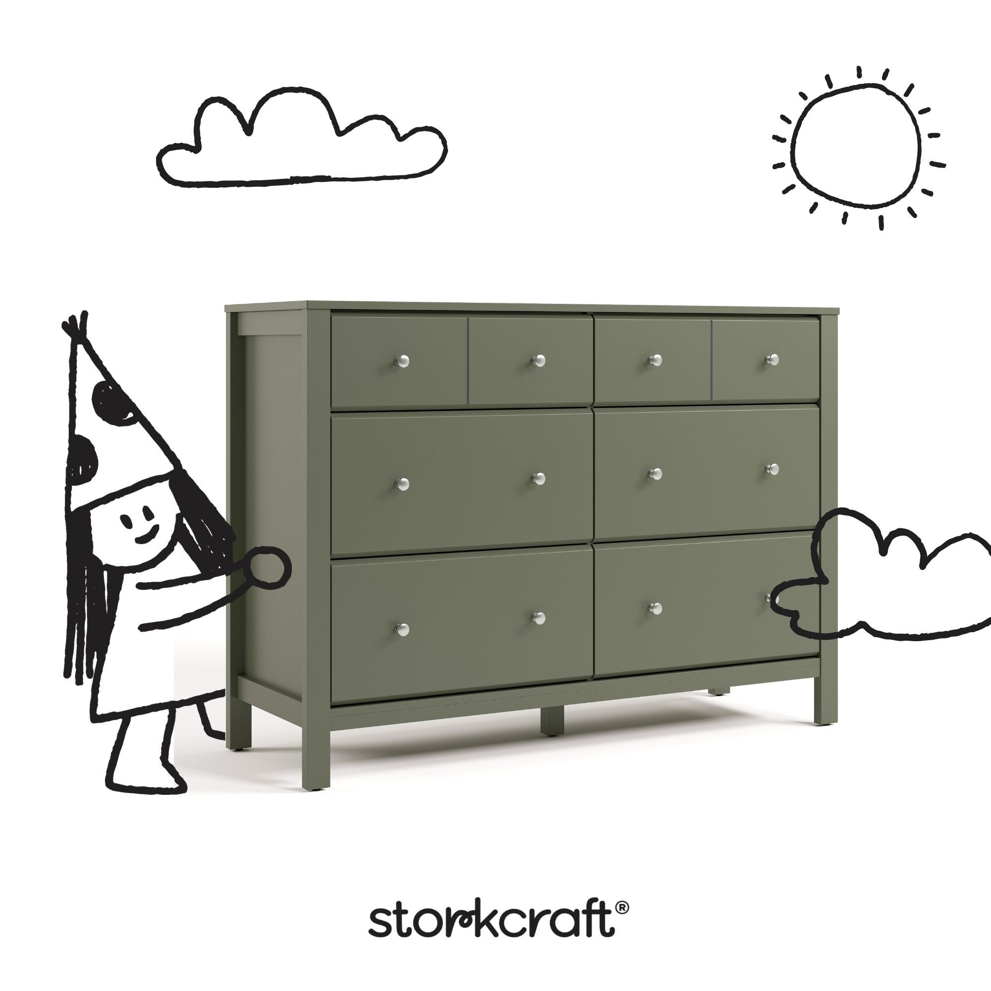 Horizon olive 6 drawer dresser with black doodles overlaid on image