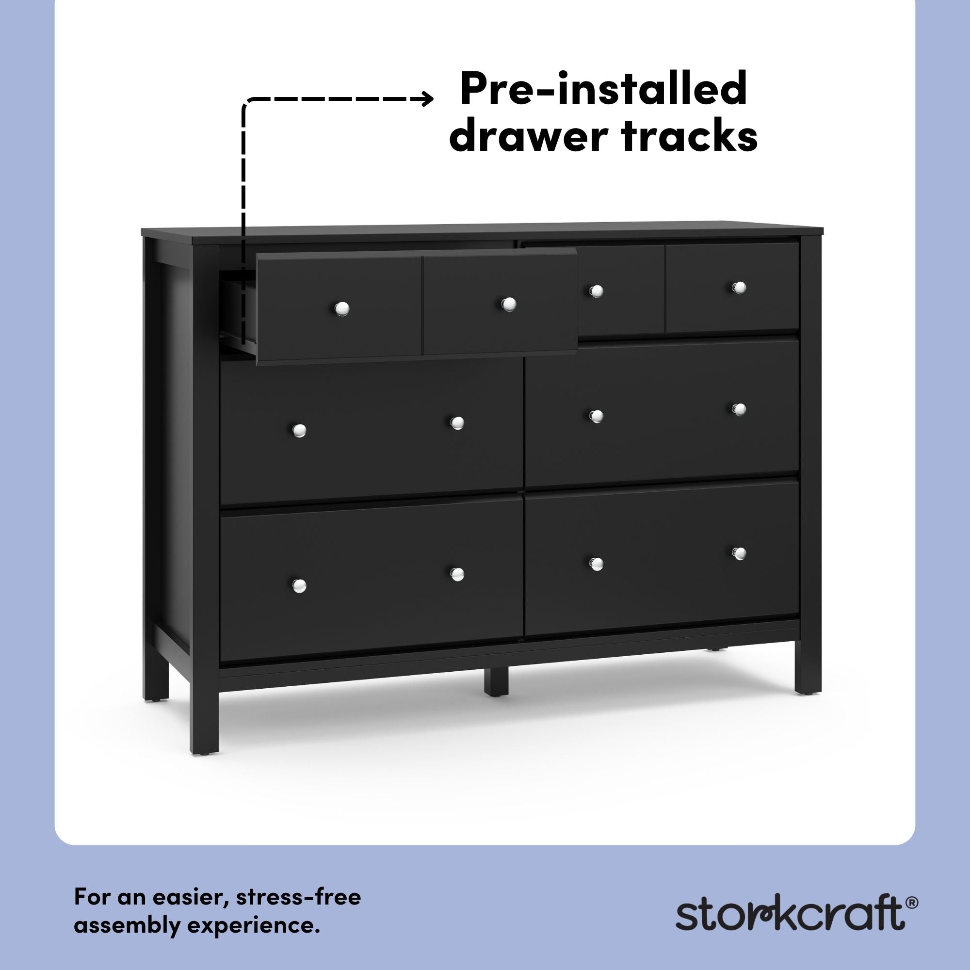 Horizon black 6 drawer dresser pre-installed drawer tracks callout