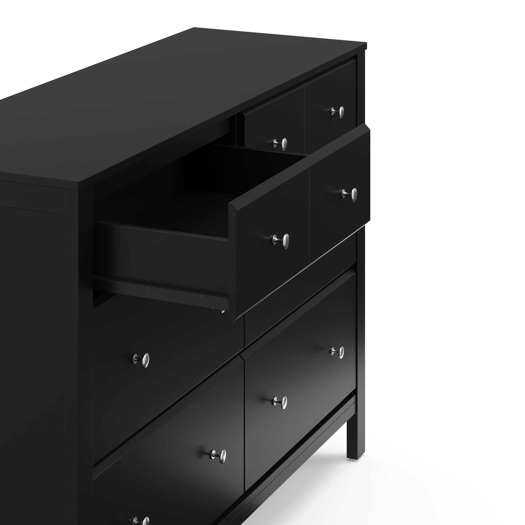 top view of black 6 drawer dresser with one open drawer