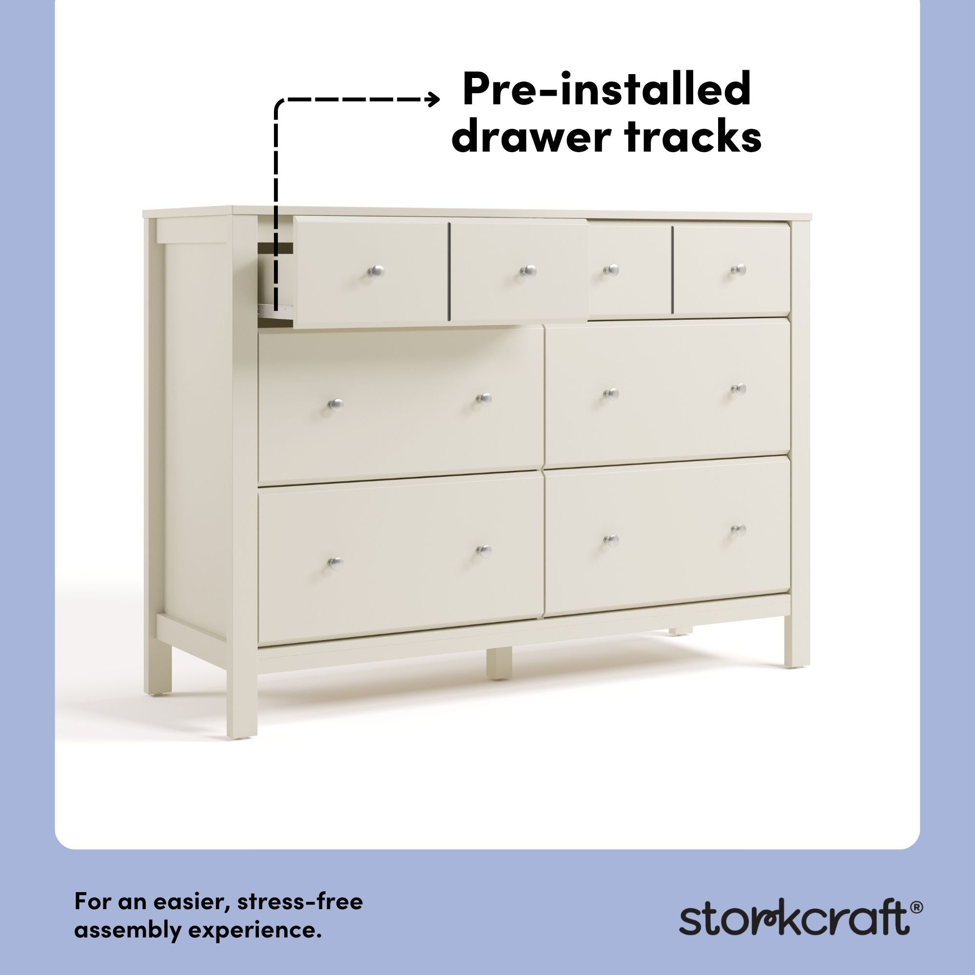 Horizon frosted oat 6 drawer dresser pre-installed drawer tracks callout