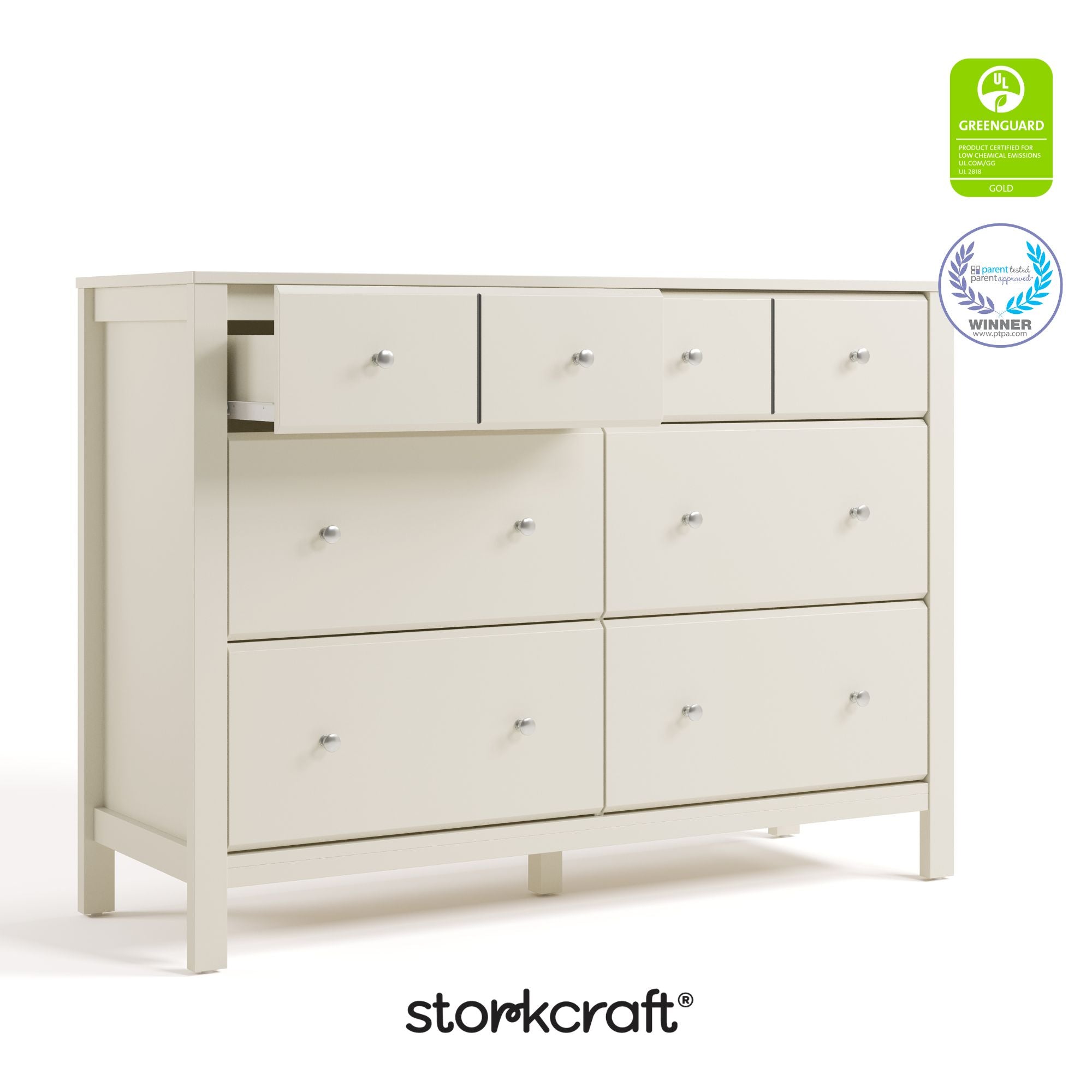 Horizon frosted oat 6 drawer dresser with GGG and PTPA logos on top right