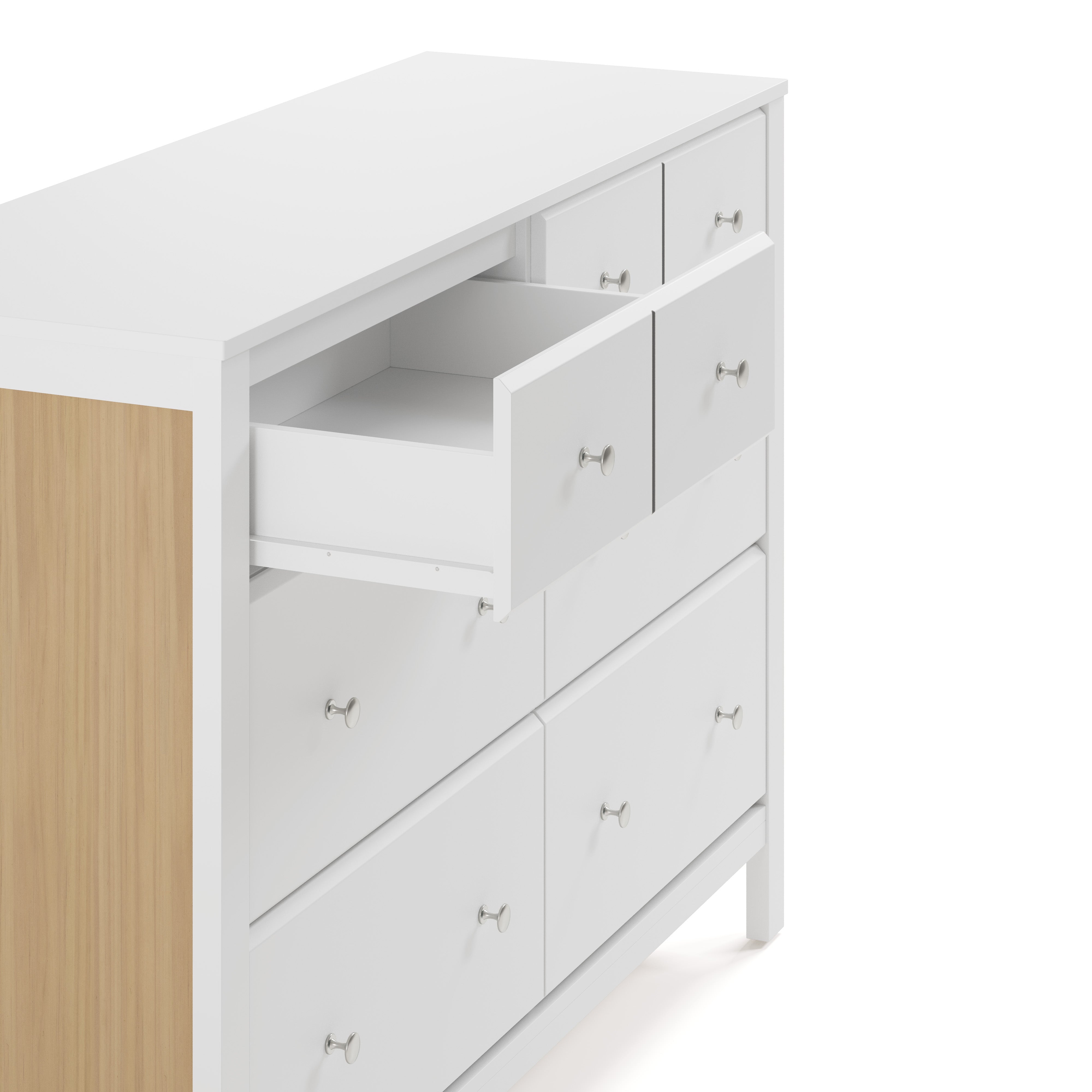 Horizon white with driftwood 6 drawer dresser with top left drawer open side view
