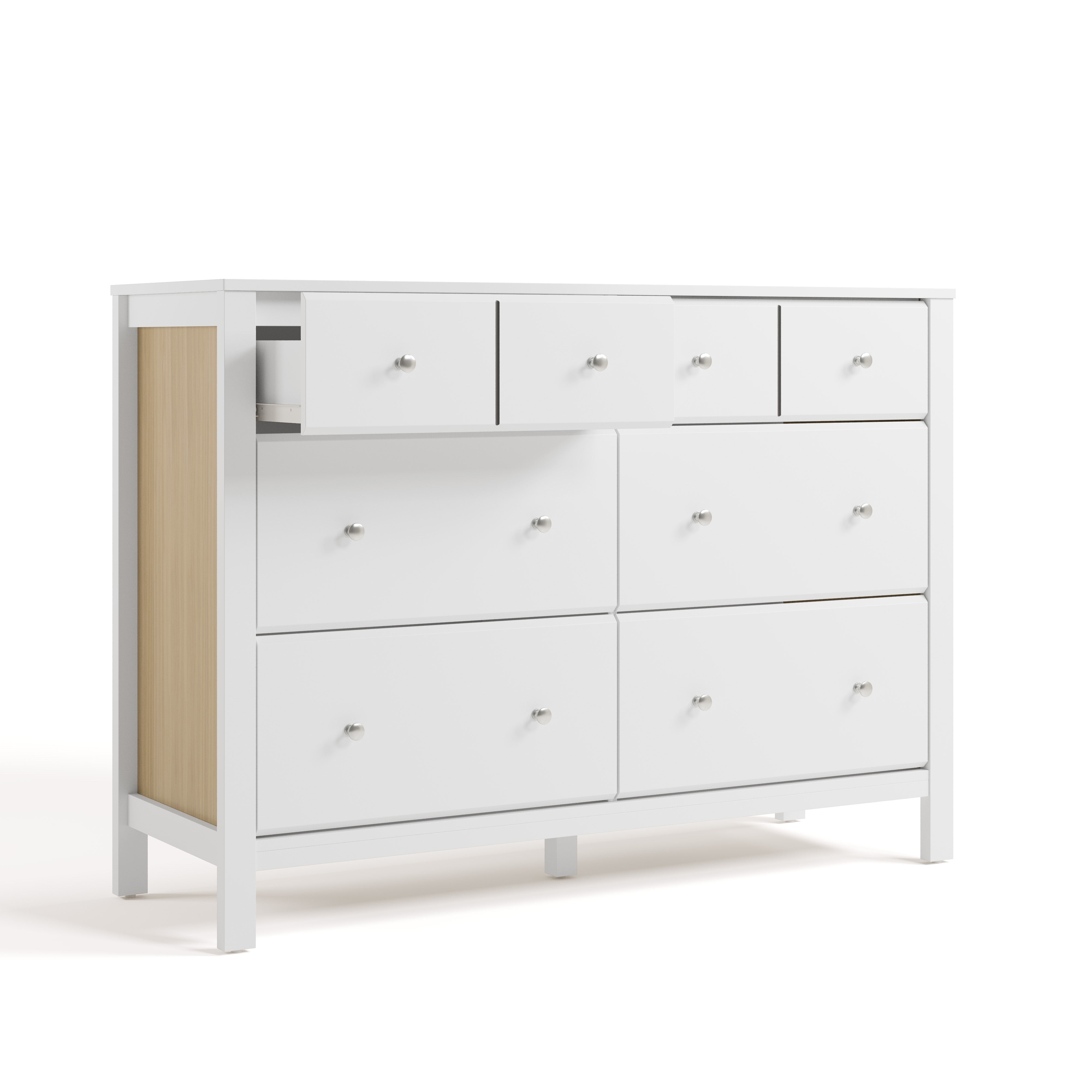 Horizon white with driftwood 6 drawer dresser with top left drawer open angle view