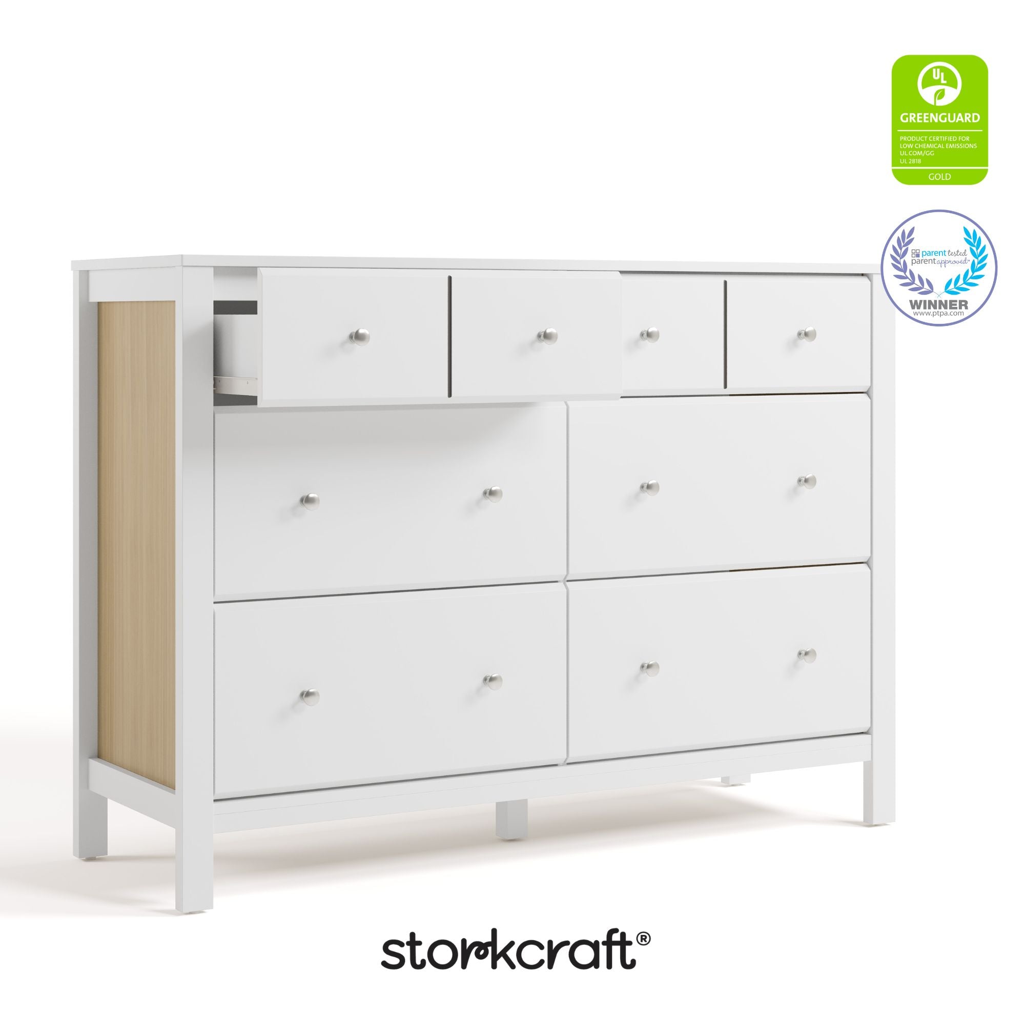 Horizon white with driftwood 6 drawer dresser with GGG and PTPA logos on top right