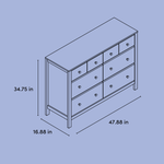 Horizon 6 drawer dresser line drawing with dimensions