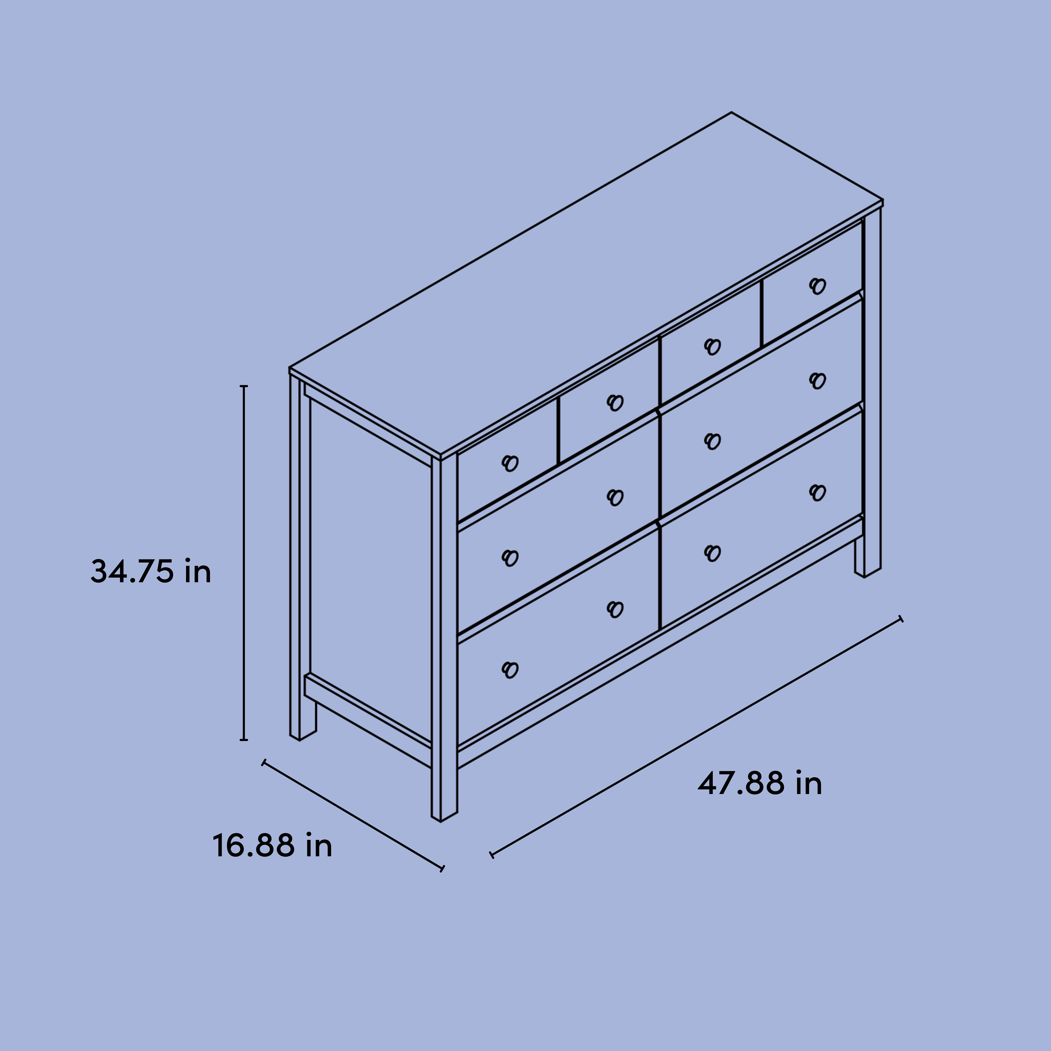 Horizon 6 drawer dresser line drawing with dimensions