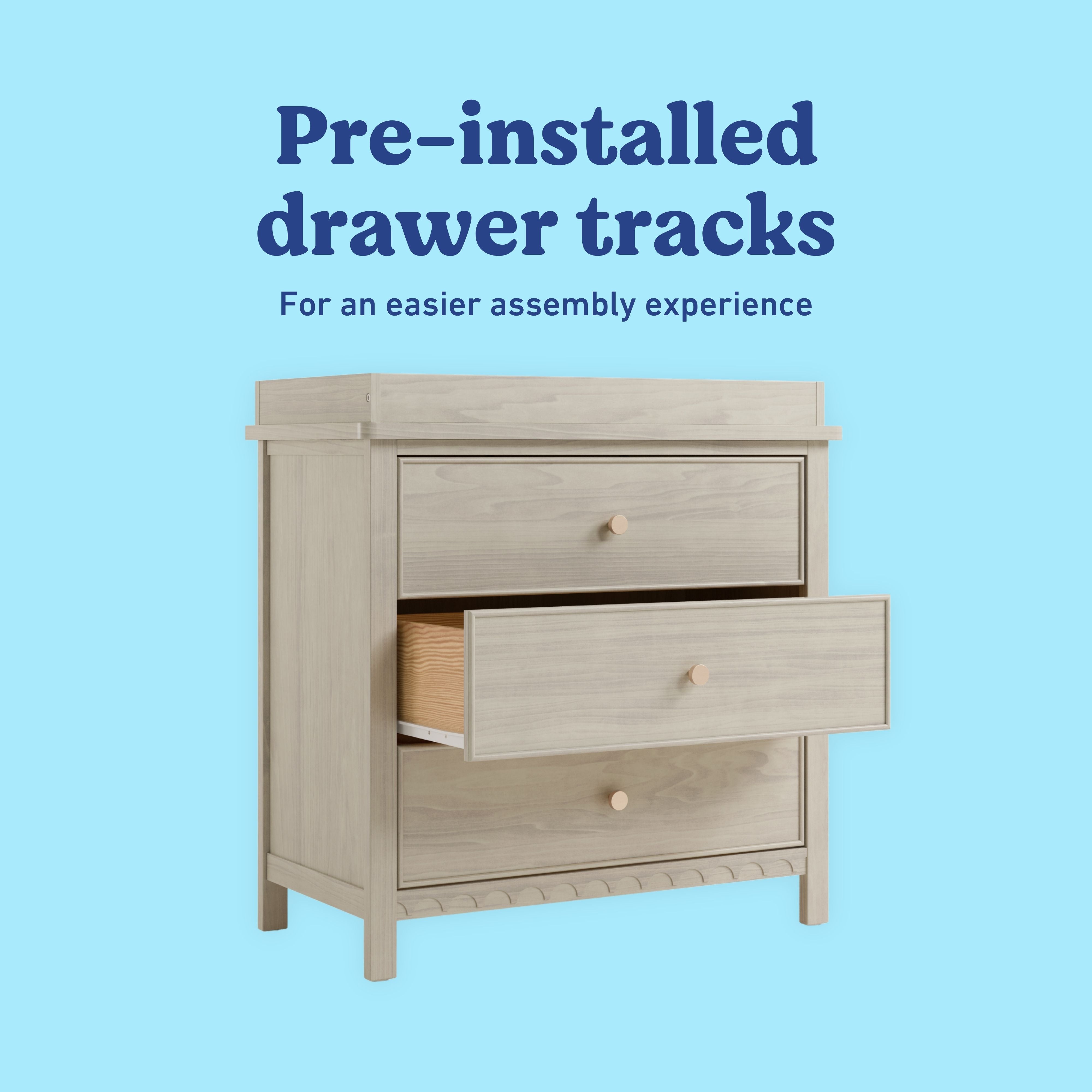 Graco Sasha 3 Drawer Chest with Removable Changing Table Topper in London Fog pre-installed drawer Callout image