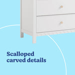 Sasha white 3 drawer chest with topper scalloped details callout