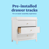 Sasha white 3 drawer chest with topper pre-installed drawer tracks callout
