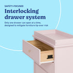 Sasha blush 3 drawer chest with topper interlocking drawers callout