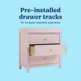 Sasha blush 3 drawer chest with topper pre-installed drawer tracks callout