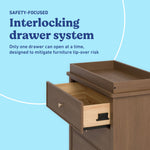 Sasha hazelnut 3 drawer chest with topper interlocking drawers callout