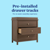 Sasha hazelnut 3 drawer chest with topper pre-installed drawer tracks callout