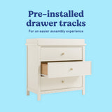 Sasha frosted oat 3 drawer chest with topper pre-installed drawer tracks callout