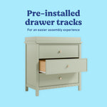 Sasha sage 3 drawer chest with topper pre-installed drawer tracks callout