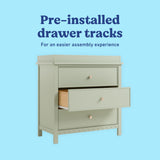 Sasha sage 3 drawer chest with topper pre-installed drawer tracks callout