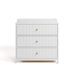 Teddi white with driftwood knobs 3 drawer chest with changing topper front view