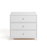 Teddi white with driftwood knobs 3 drawer chest with changing topper front view