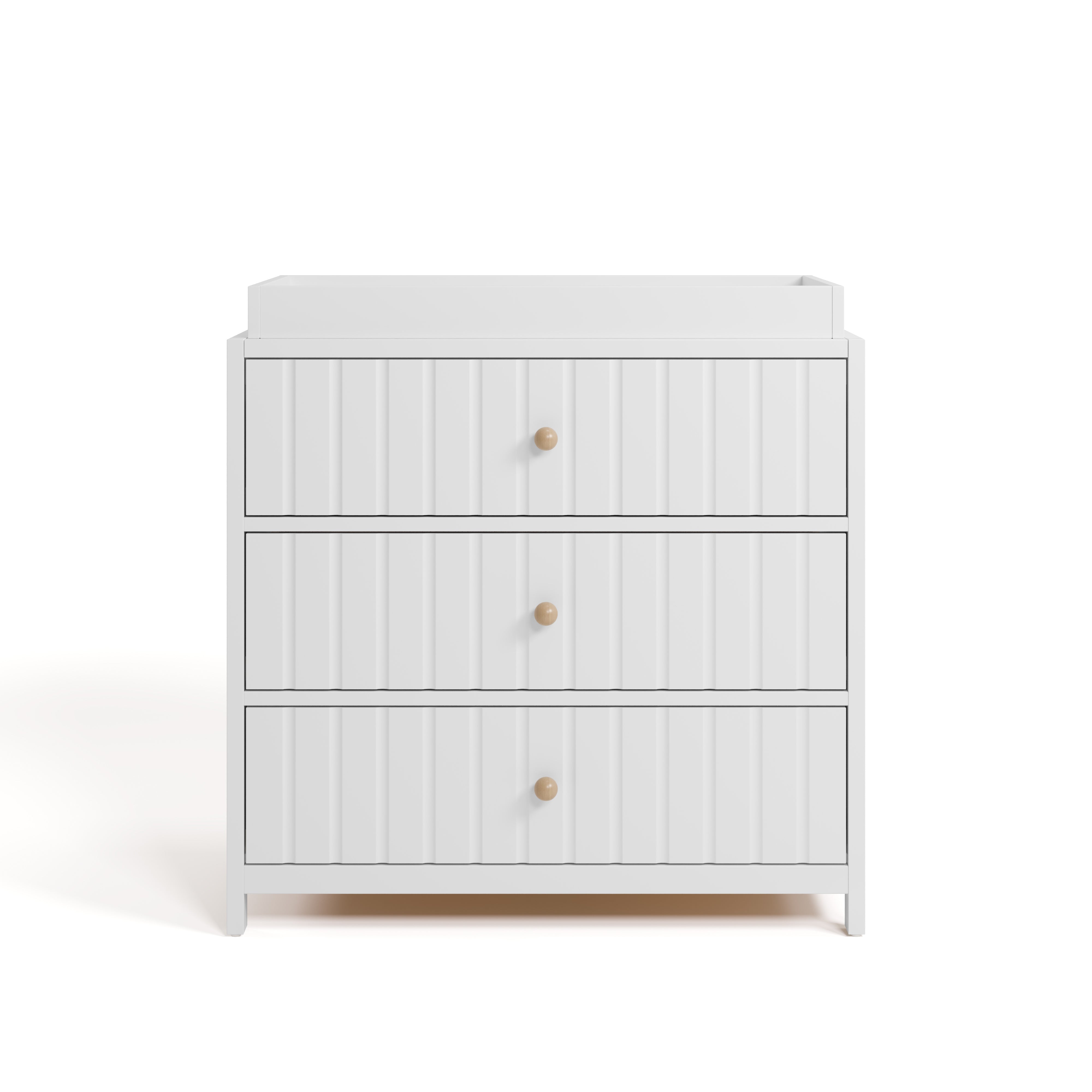 Teddi white with driftwood knobs 3 drawer chest with changing topper front view